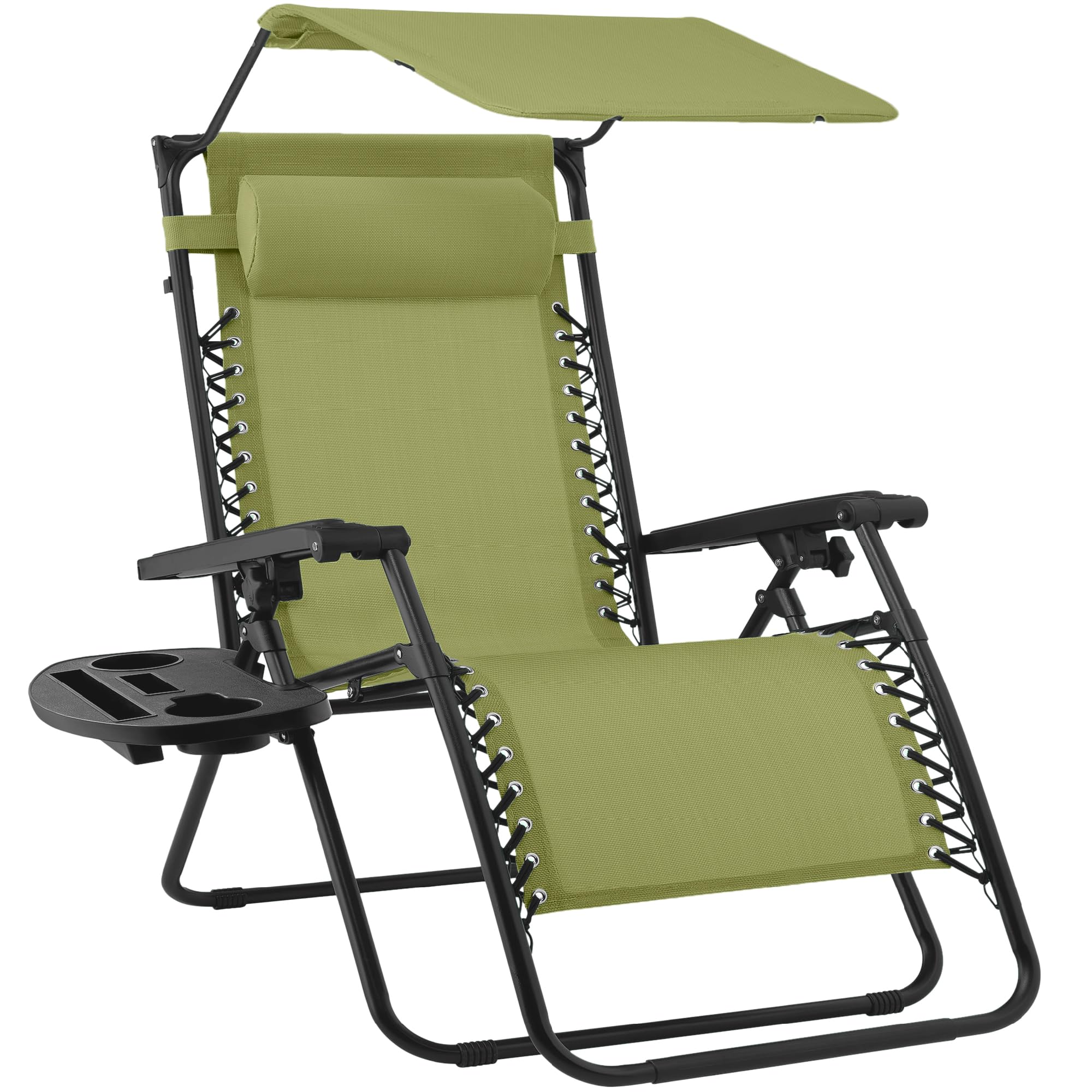 Best Choice Products Folding Zero Gravity Outdoor Recliner Patio Lounge Chair w/Adjustable Canopy Shade, Headrest, Side Accessory Tray, Textilene Mesh - Beige
