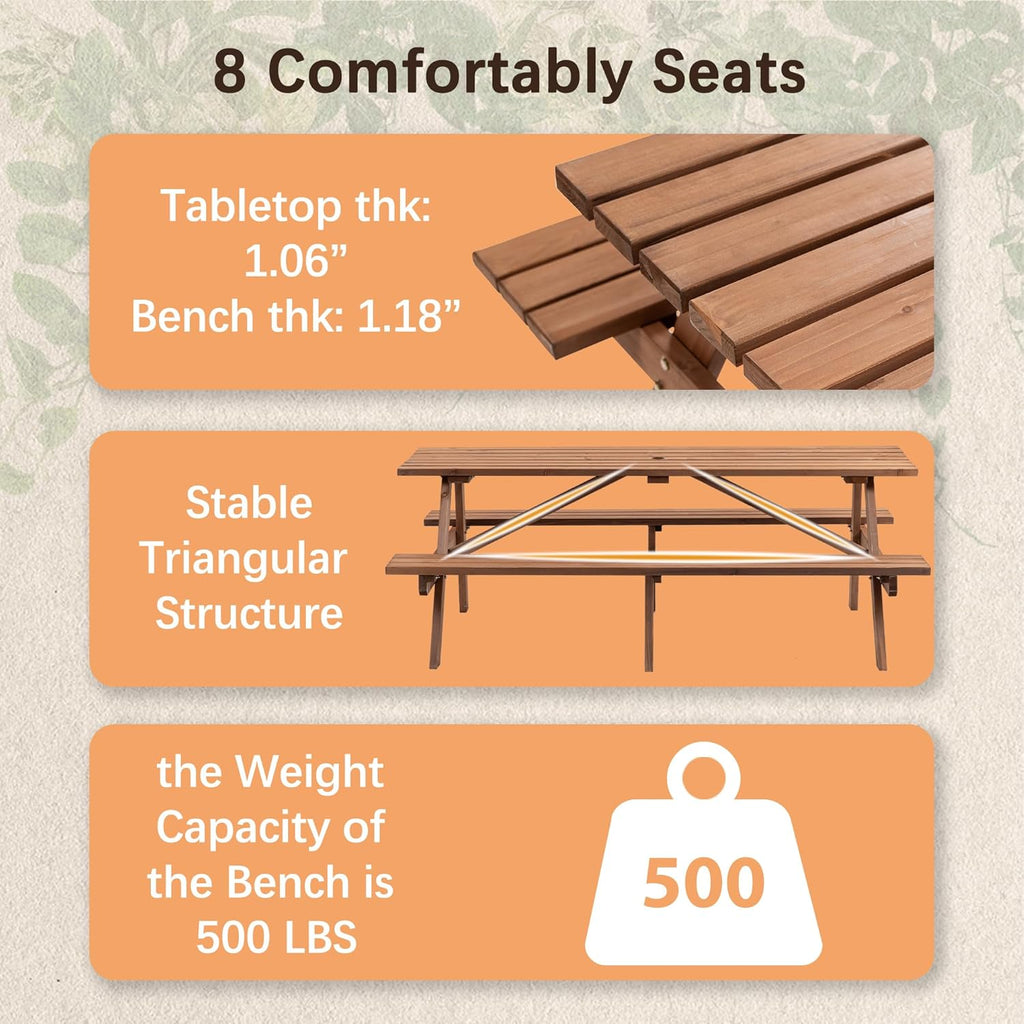 Hohuqeri Wood Picnic Table, 75" Tabletop with Umbrella Hole, 8 Person Outdoor Wooden Picnic Table Bench Set for Patio, BBQ, Dining, Brown