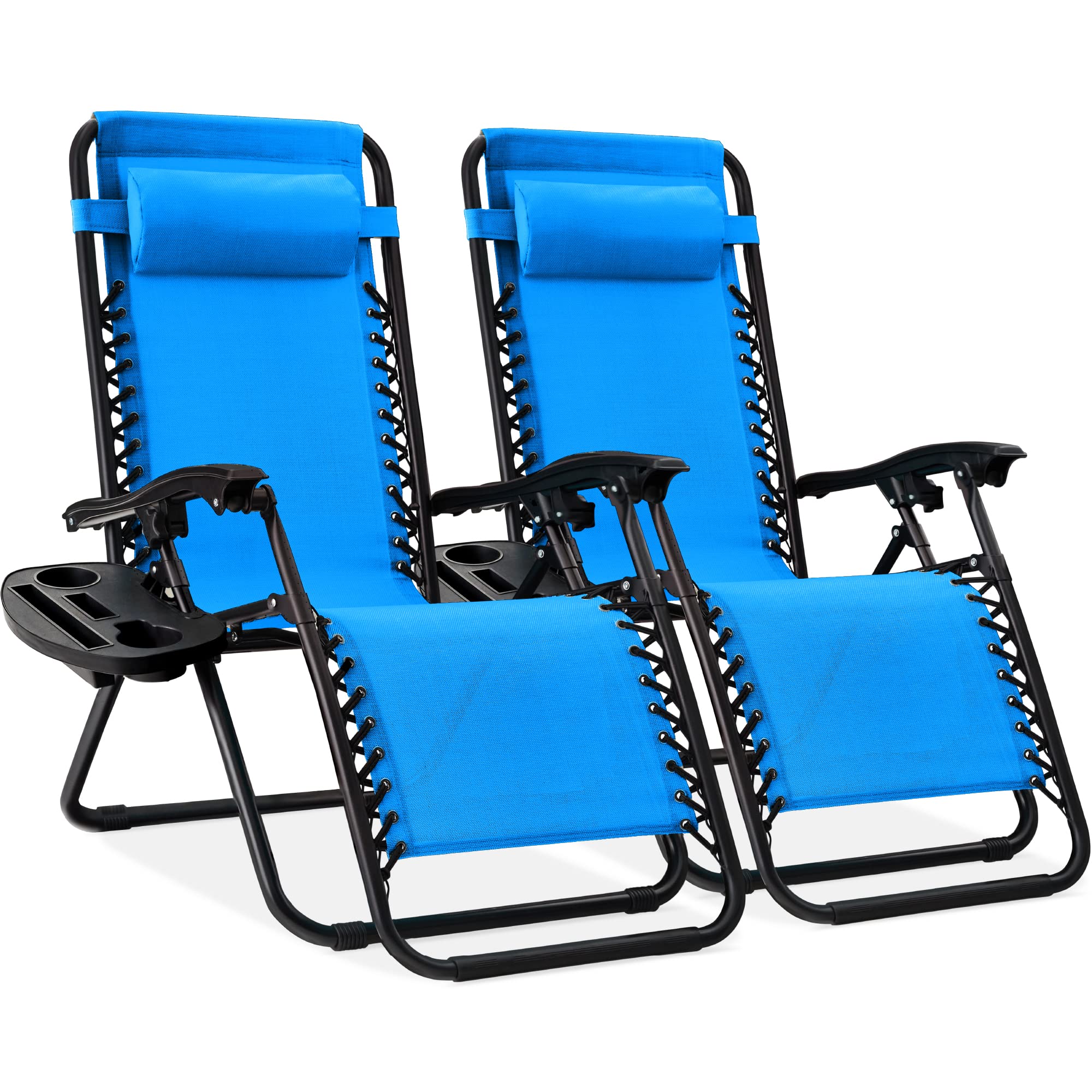 Best Choice Products Set of 2 Adjustable Steel Mesh Zero Gravity Lounge Chair Recliners w/Pillows and Cup Holder Trays - Gray