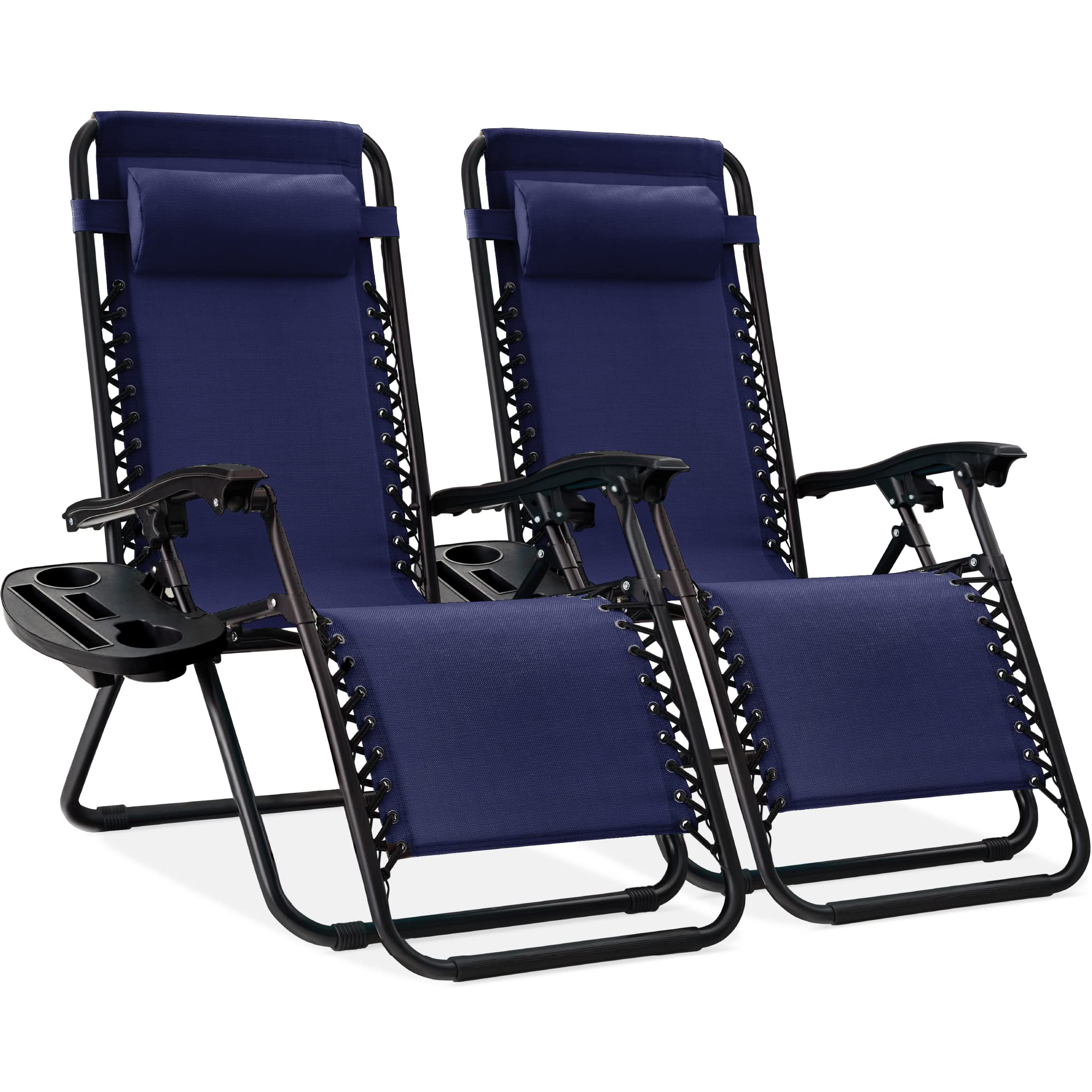 Best Choice Products Set of 2 Adjustable Steel Mesh Zero Gravity Lounge Chair Recliners w/Pillows and Cup Holder Trays - Gray