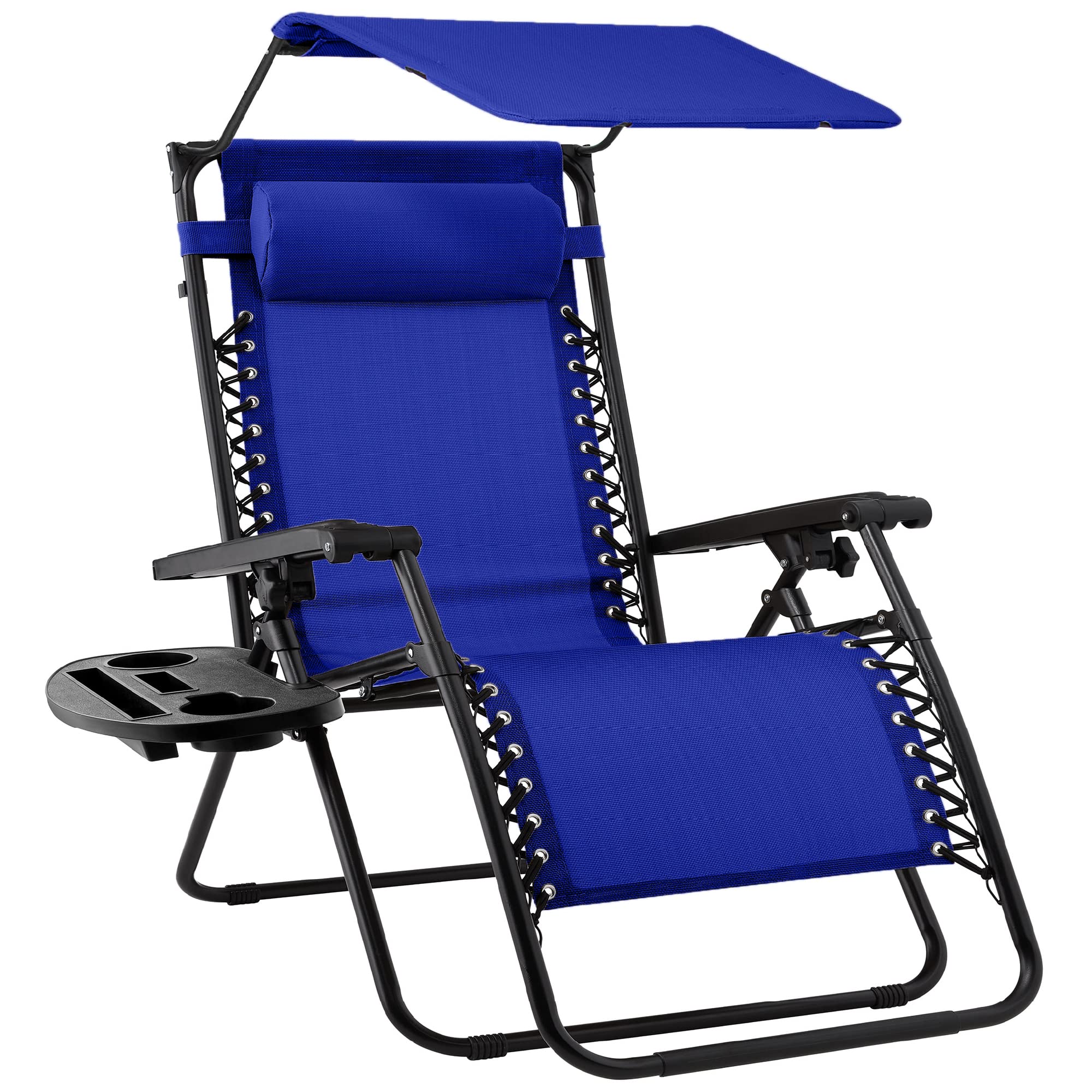 Best Choice Products Folding Zero Gravity Outdoor Recliner Patio Lounge Chair w/Adjustable Canopy Shade, Headrest, Side Accessory Tray, Textilene Mesh - Beige