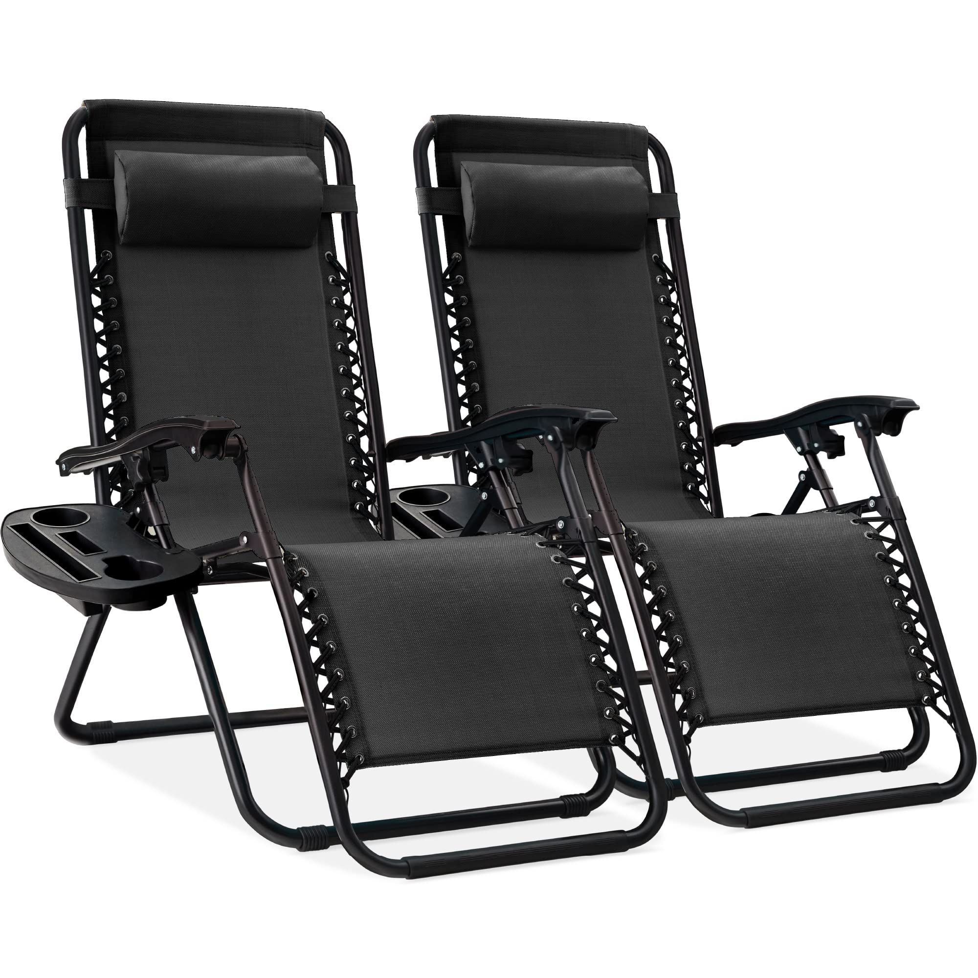 Best Choice Products Set of 2 Adjustable Steel Mesh Zero Gravity Lounge Chair Recliners w/Pillows and Cup Holder Trays - Gray