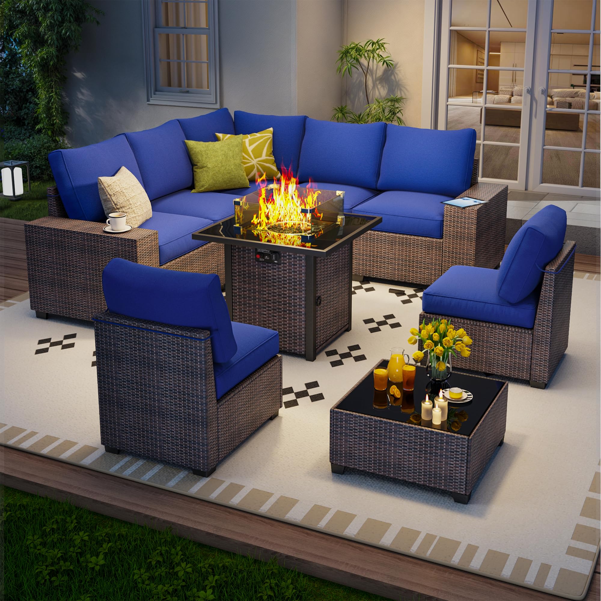 7 Piece Outdoor Patio Furniture Set, Outdoor Sectional Furniture, Rattan & Wicker Modern Modular Conversation Set Sectional Sofa W/Water Resistant Washable Thick Cushions and Coffee Table, Brown/Beige