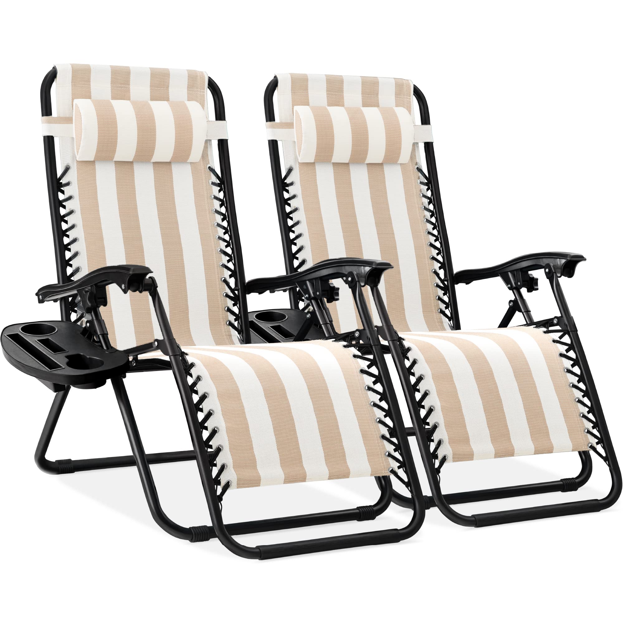 Best Choice Products Set of 2 Adjustable Steel Mesh Zero Gravity Lounge Chair Recliners w/Pillows and Cup Holder Trays - Black