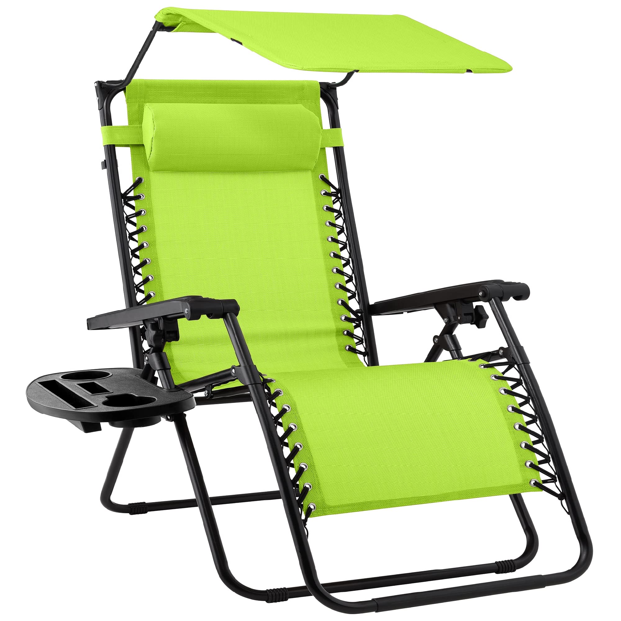 Best Choice Products Folding Zero Gravity Outdoor Recliner Patio Lounge Chair w/Adjustable Canopy Shade, Headrest, Side Accessory Tray, Textilene Mesh - Beige