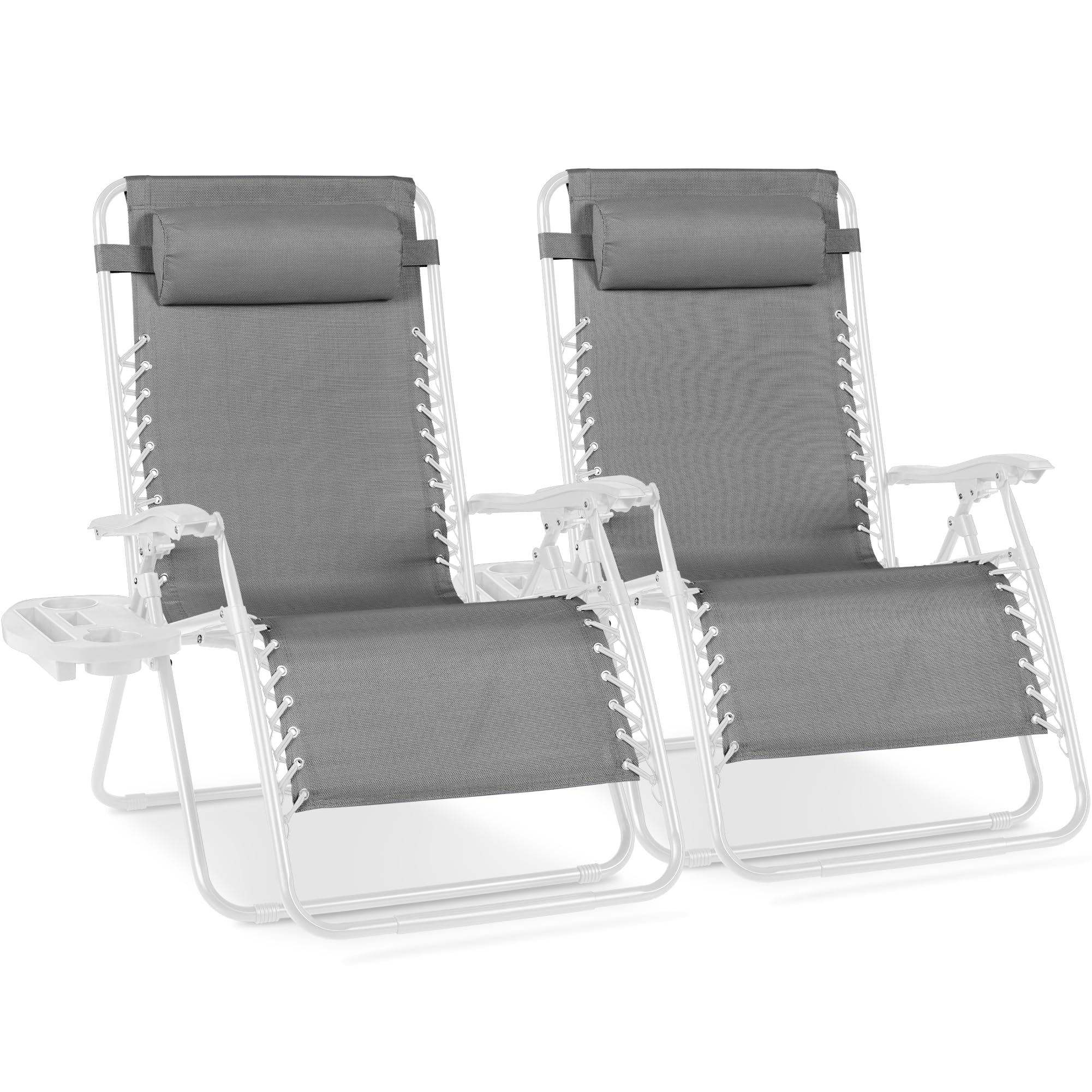 Best Choice Products Set of 2 Adjustable Steel Mesh Zero Gravity Lounge Chair Recliners w/Pillows and Cup Holder Trays - Gray