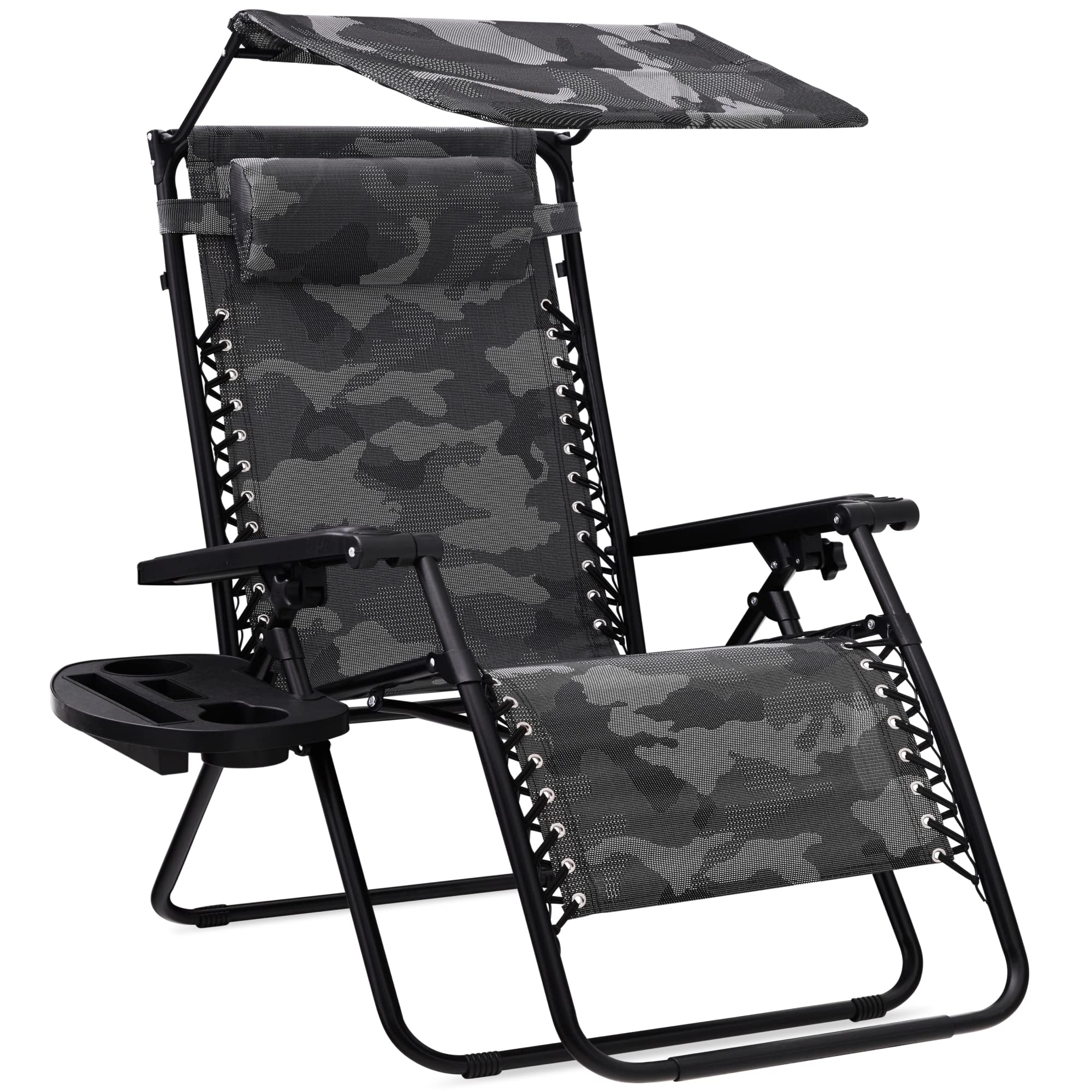 Best Choice Products Folding Zero Gravity Outdoor Recliner Patio Lounge Chair w/Adjustable Canopy Shade, Headrest, Side Accessory Tray, Textilene Mesh - Beige