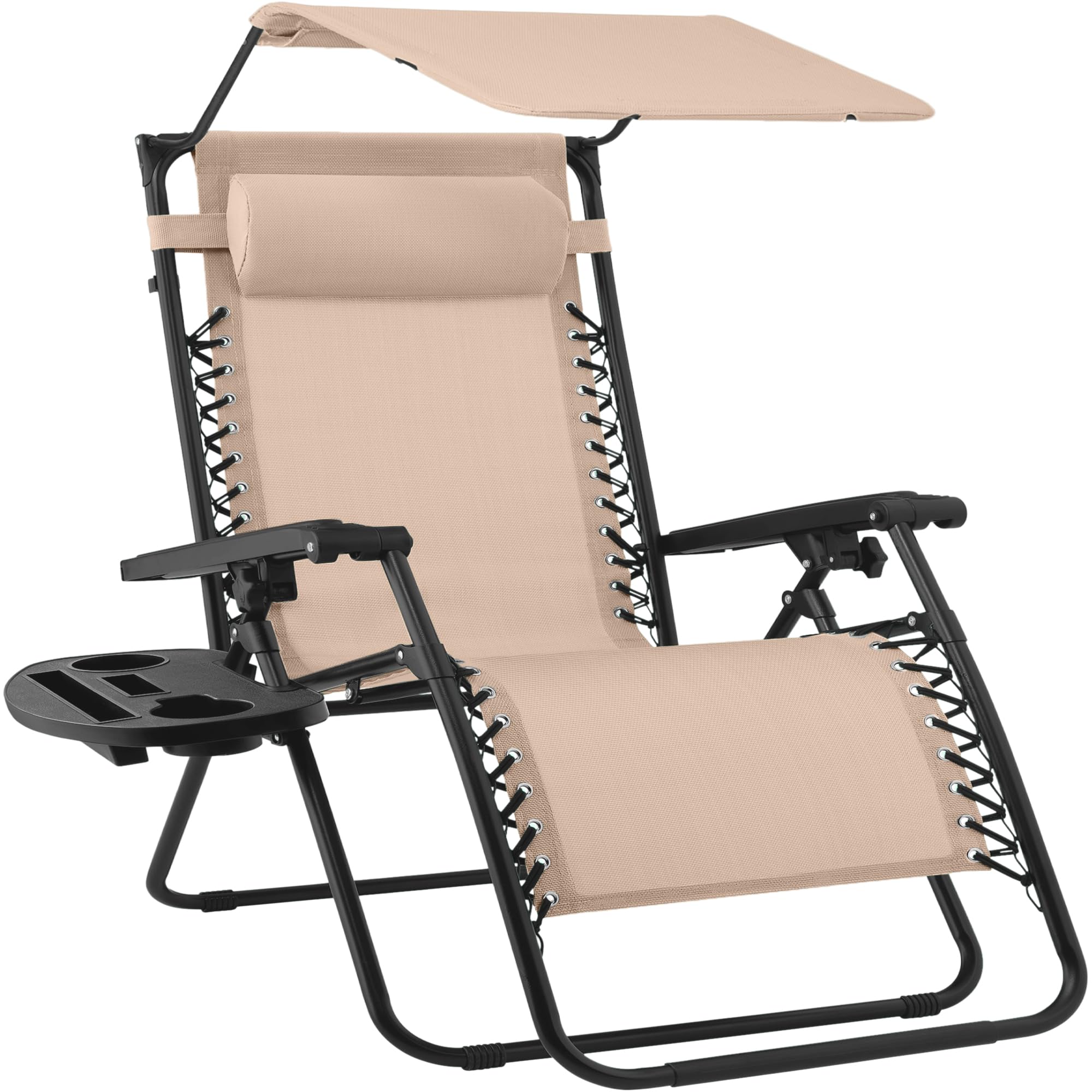 Best Choice Products Folding Zero Gravity Outdoor Recliner Patio Lounge Chair w/Adjustable Canopy Shade, Headrest, Side Accessory Tray, Textilene Mesh - Beige