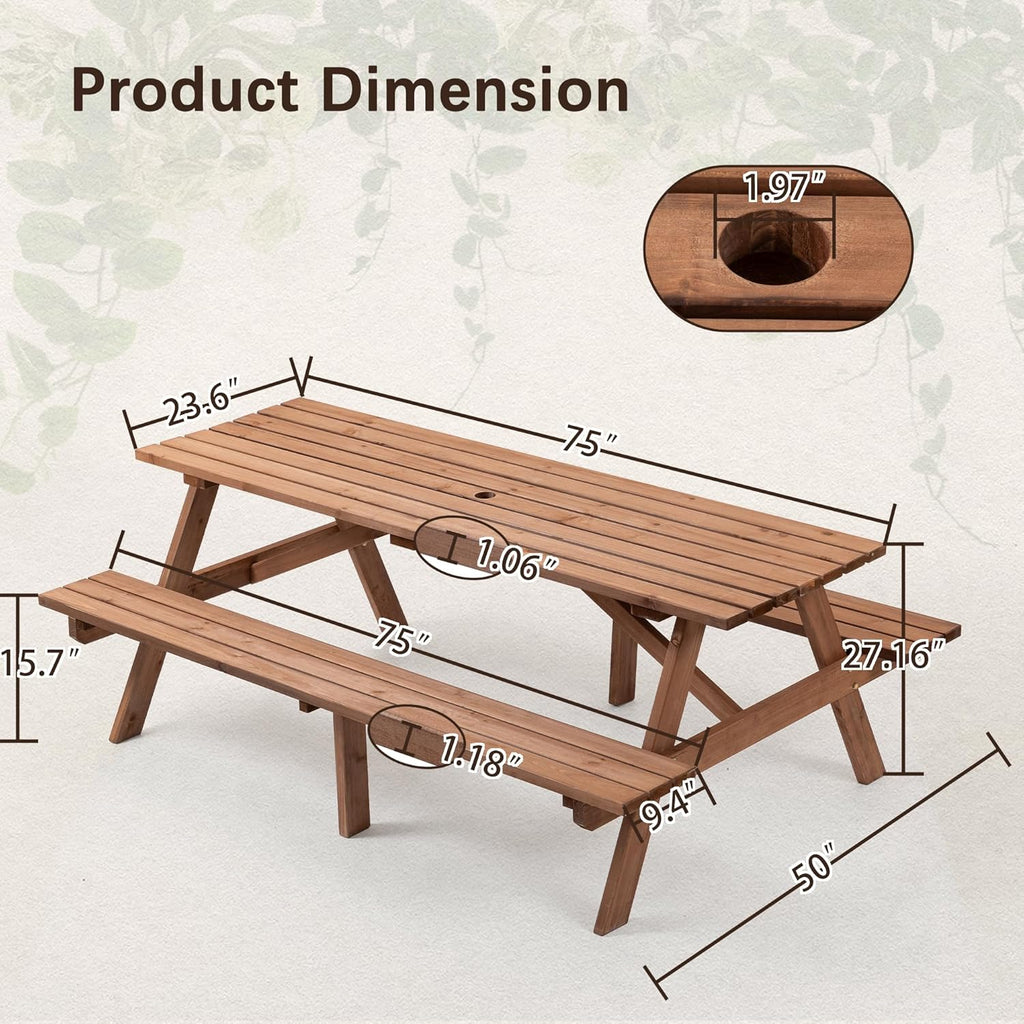 Hohuqeri Wood Picnic Table, 75" Tabletop with Umbrella Hole, 8 Person Outdoor Wooden Picnic Table Bench Set for Patio, BBQ, Dining, Brown