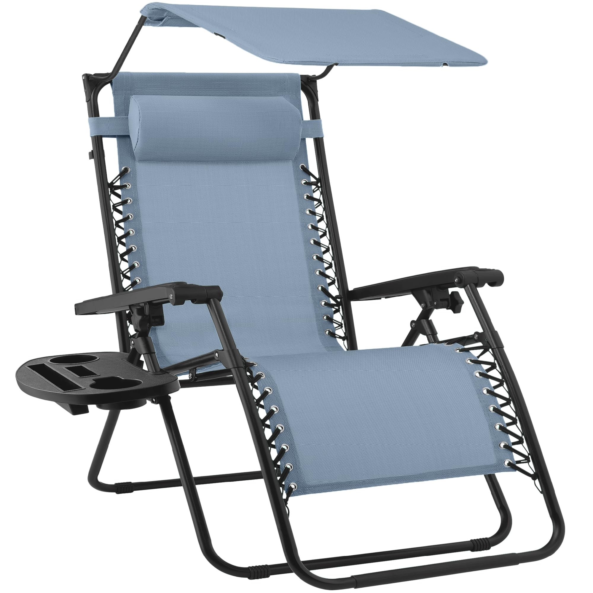 Best Choice Products Folding Zero Gravity Outdoor Recliner Patio Lounge Chair w/Adjustable Canopy Shade, Headrest, Side Accessory Tray, Textilene Mesh - Beige