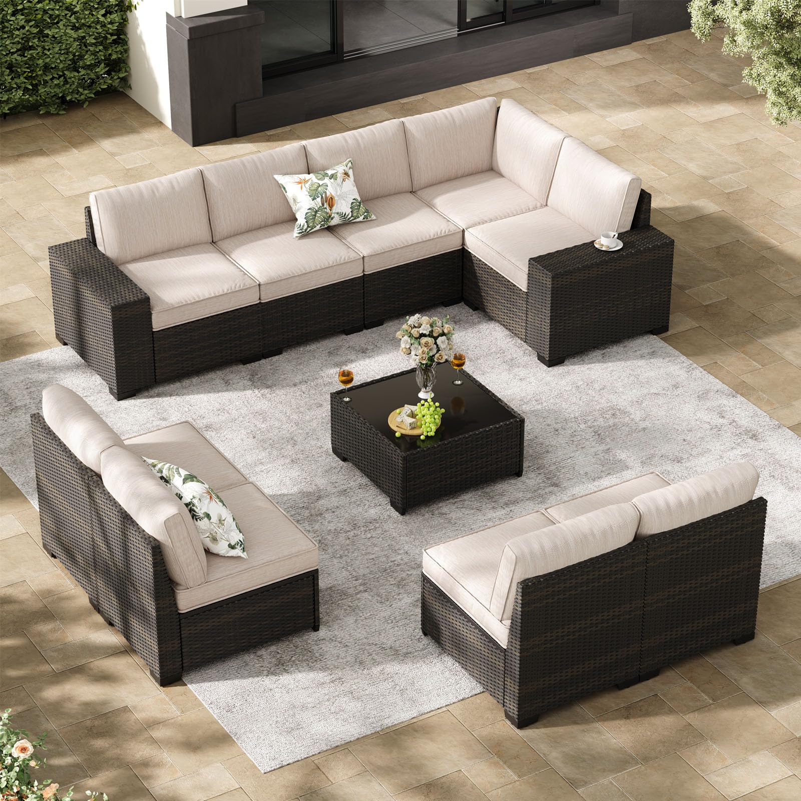 Jing's Villa 6-Piece Patio Furniture Set, All-Weather Outdoor Wicker Sectional Sofa with Cushions, Glass Table & Left and Right Armrest, Rattan Conversation Seating for Porch, Garden, Backyard,Beige
