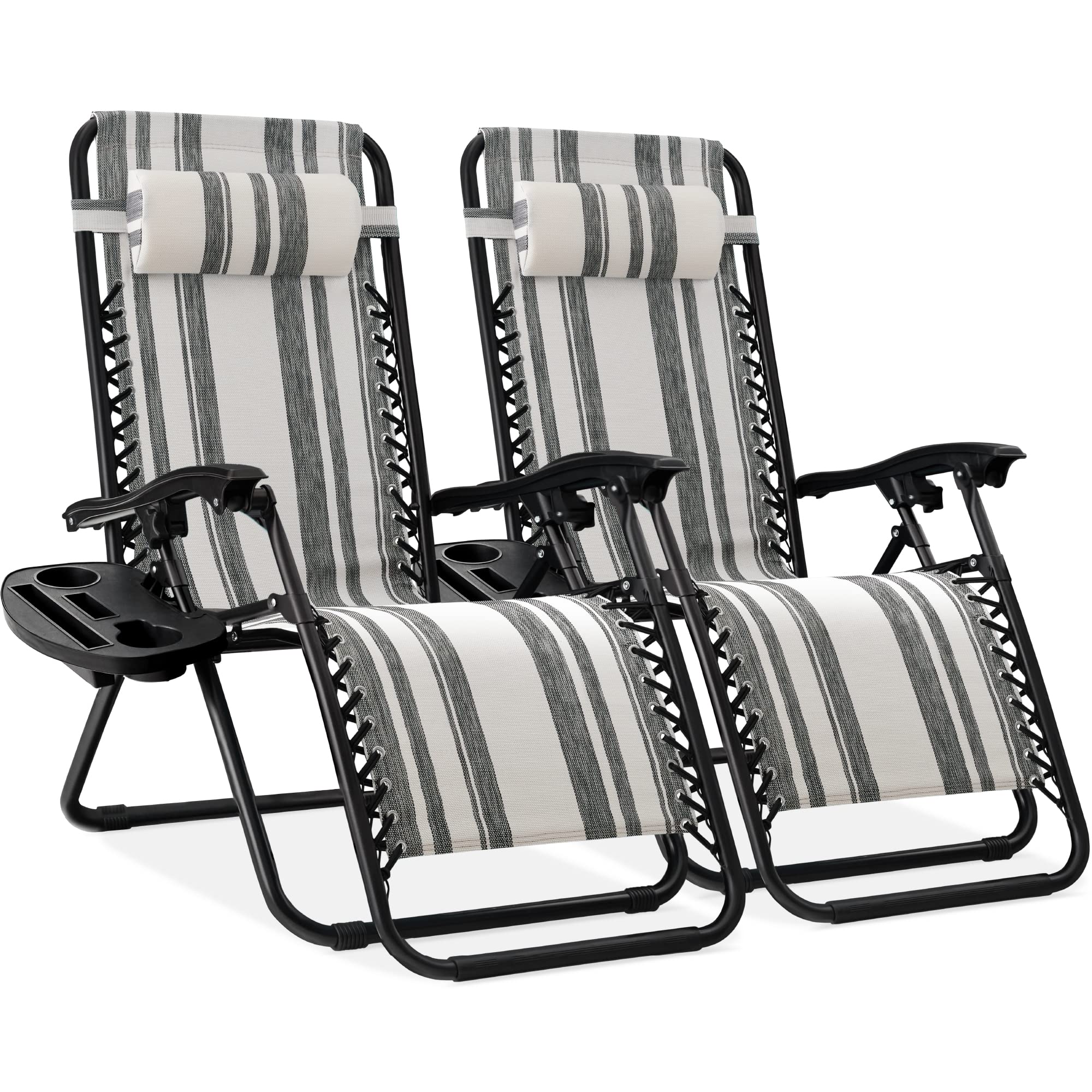 Best Choice Products Set of 2 Adjustable Steel Mesh Zero Gravity Lounge Chair Recliners w/Pillows and Cup Holder Trays - Gray