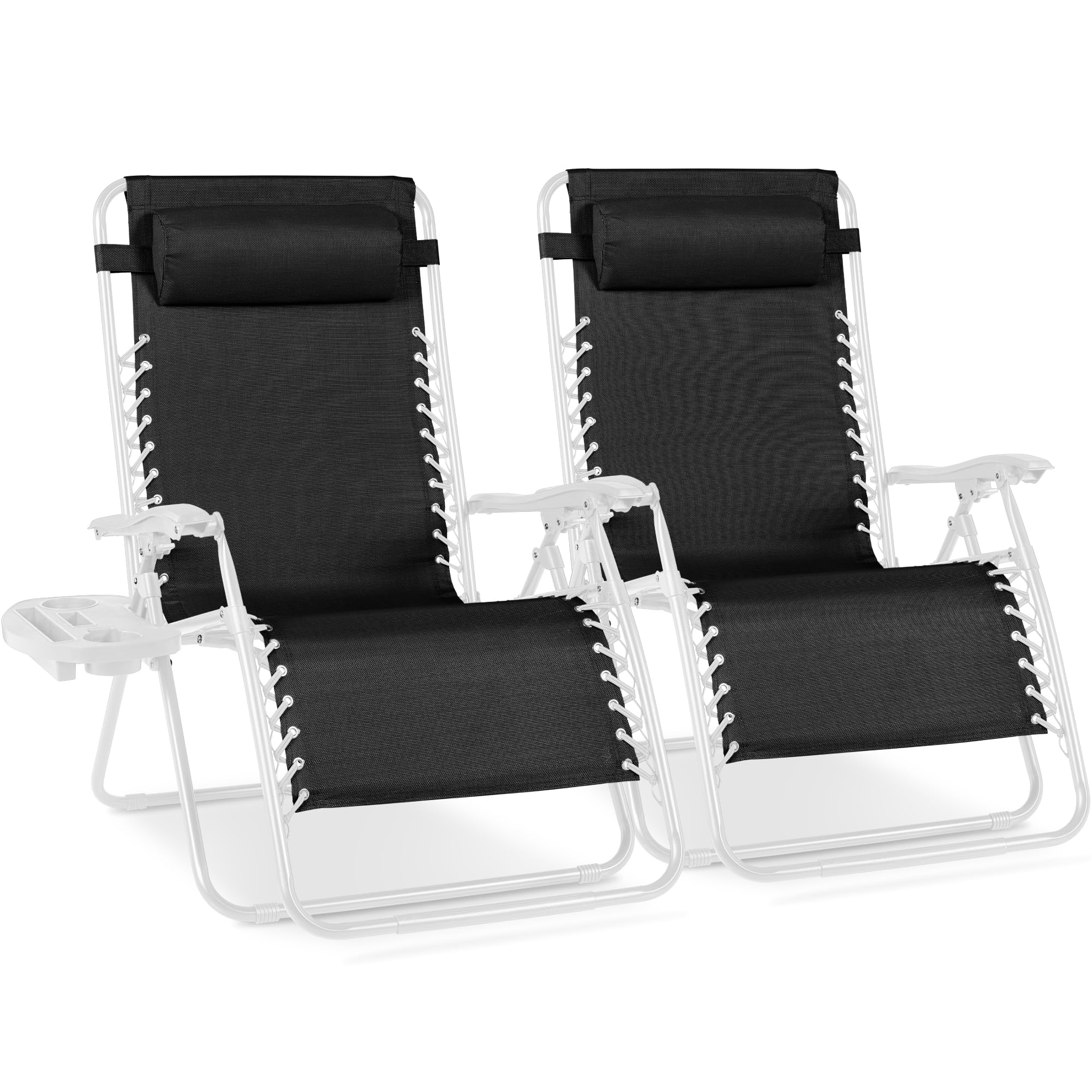 Best Choice Products Set of 2 Adjustable Steel Mesh Zero Gravity Lounge Chair Recliners w/Pillows and Cup Holder Trays - Black