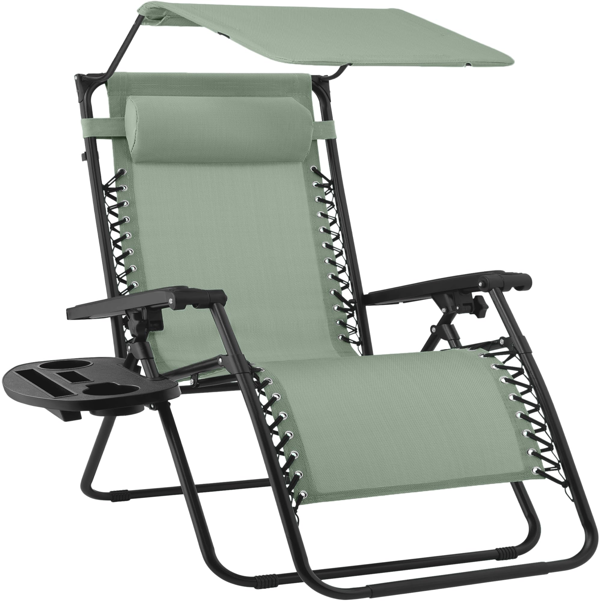 Best Choice Products Folding Zero Gravity Outdoor Recliner Patio Lounge Chair w/Adjustable Canopy Shade, Headrest, Side Accessory Tray, Textilene Mesh - Beige