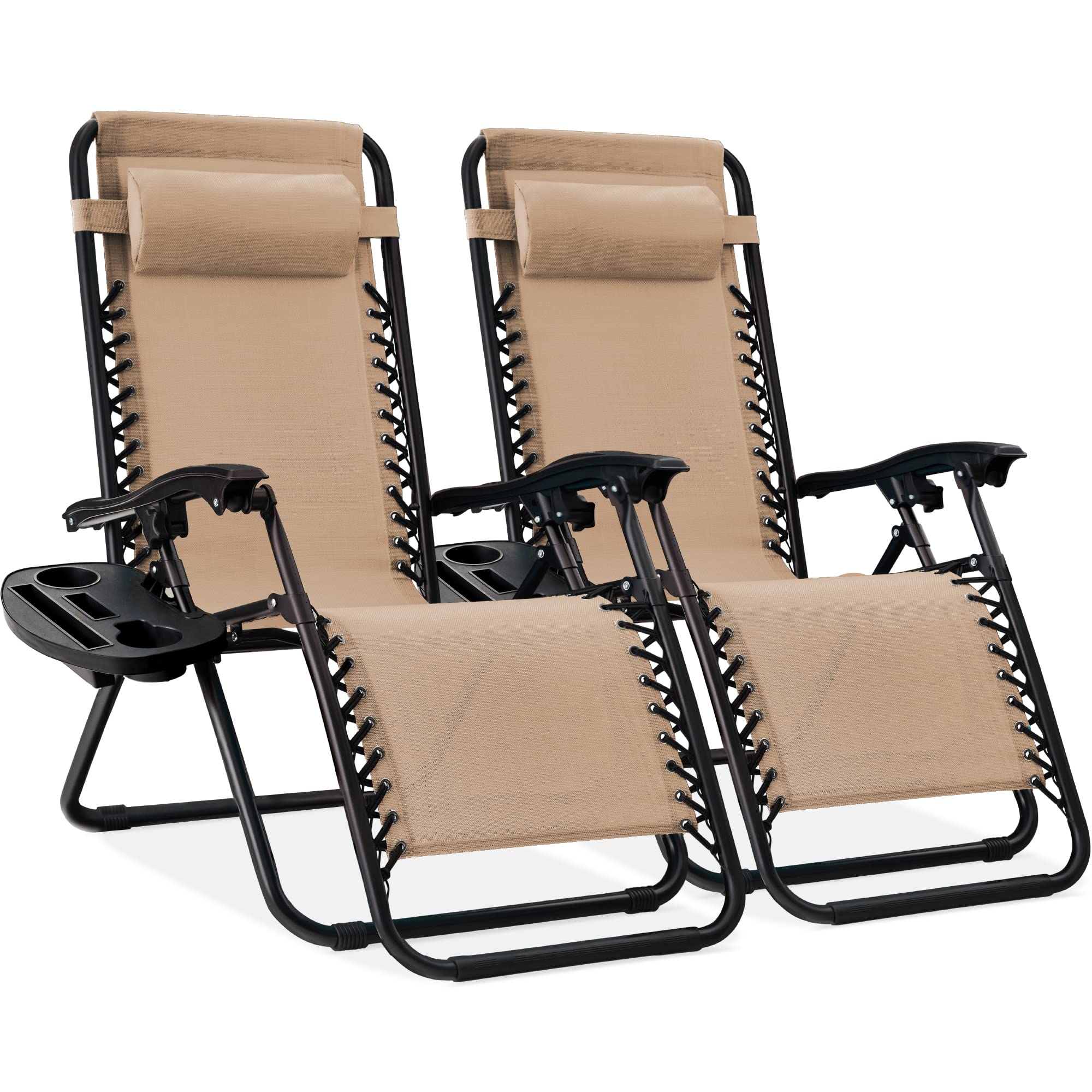 Best Choice Products Set of 2 Adjustable Steel Mesh Zero Gravity Lounge Chair Recliners w/Pillows and Cup Holder Trays - Black