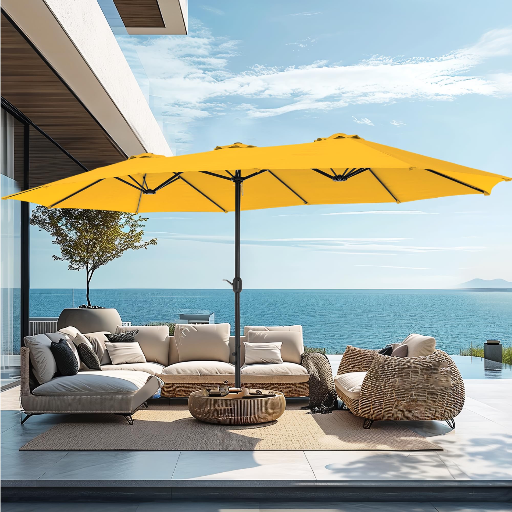 PHI VILLA 15ft Large Patio Umbrellas with Base Included, Outdoor Double-Sided Rectangle Big Market Umbrella with Stand, Outside Umbrellas for Poolside Lawn Backyard, Beige