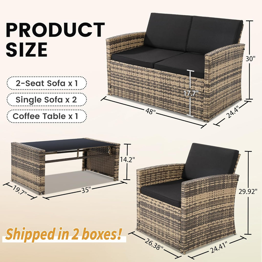 KROFEM 4-Piece Patio Furniture Set, Wicker Outdoor Rattan Sectional Sofa with Cushions and Glass Table, All-Weather Outdoor Conversation Set, Ideal for Garden, Porch, Backyard, Black