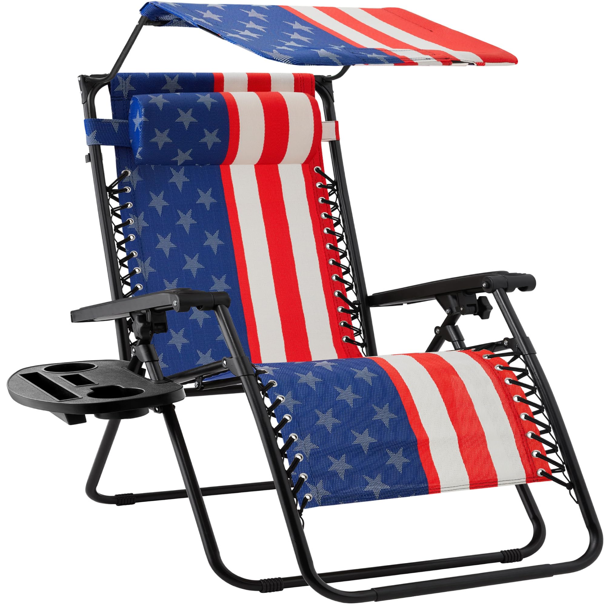 Best Choice Products Folding Zero Gravity Outdoor Recliner Patio Lounge Chair w/Adjustable Canopy Shade, Headrest, Side Accessory Tray, Textilene Mesh - Beige