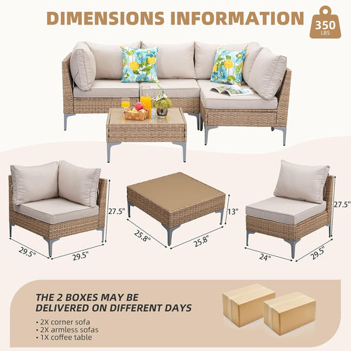 5-Piece Patio Furniture Set, Outdoor Wicker Sectional Sofa with Coffee Table, Anti-Slip & Thick All-Weather Cushions for Party, Garden, Backyard, Beige