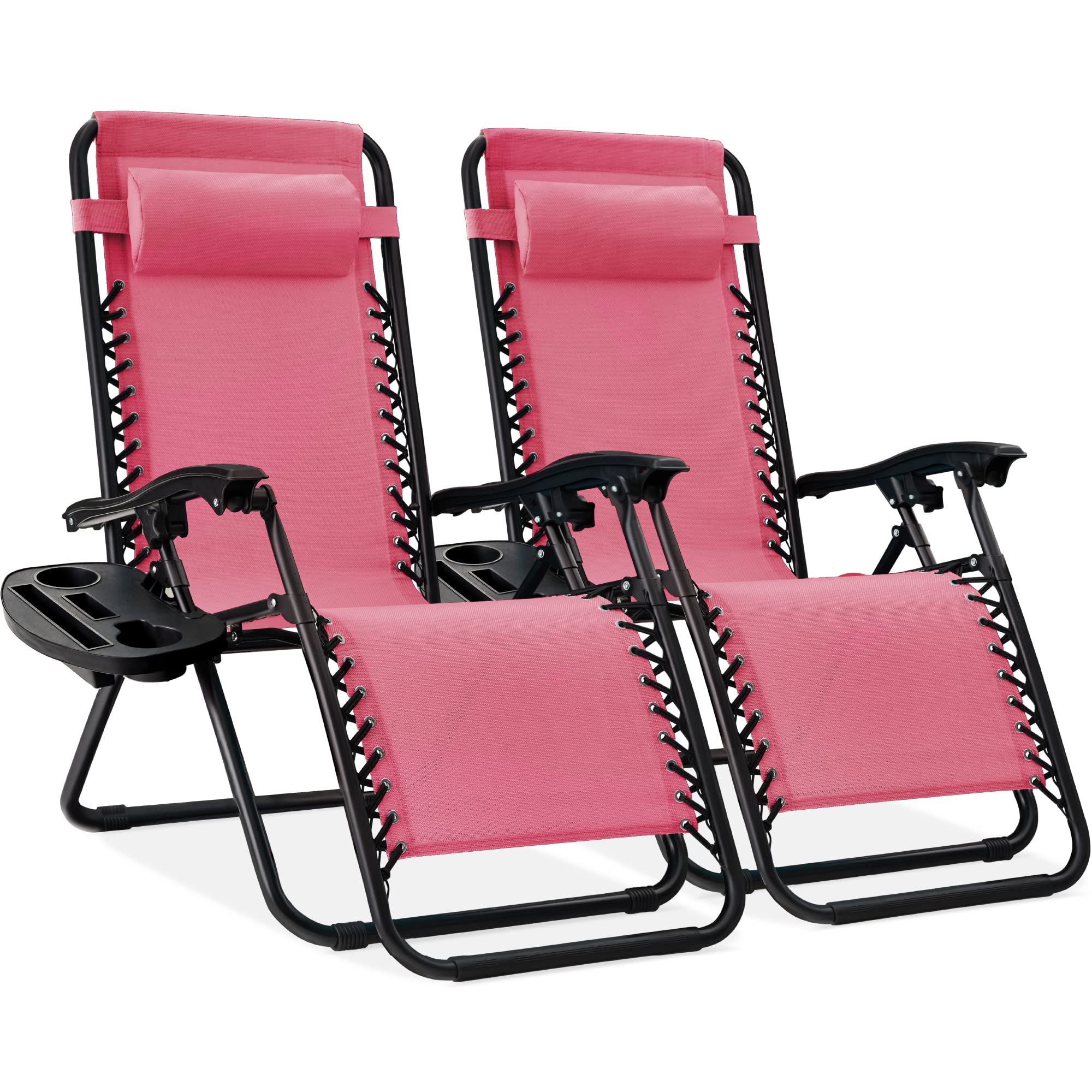 Best Choice Products Set of 2 Adjustable Steel Mesh Zero Gravity Lounge Chair Recliners w/Pillows and Cup Holder Trays - Black
