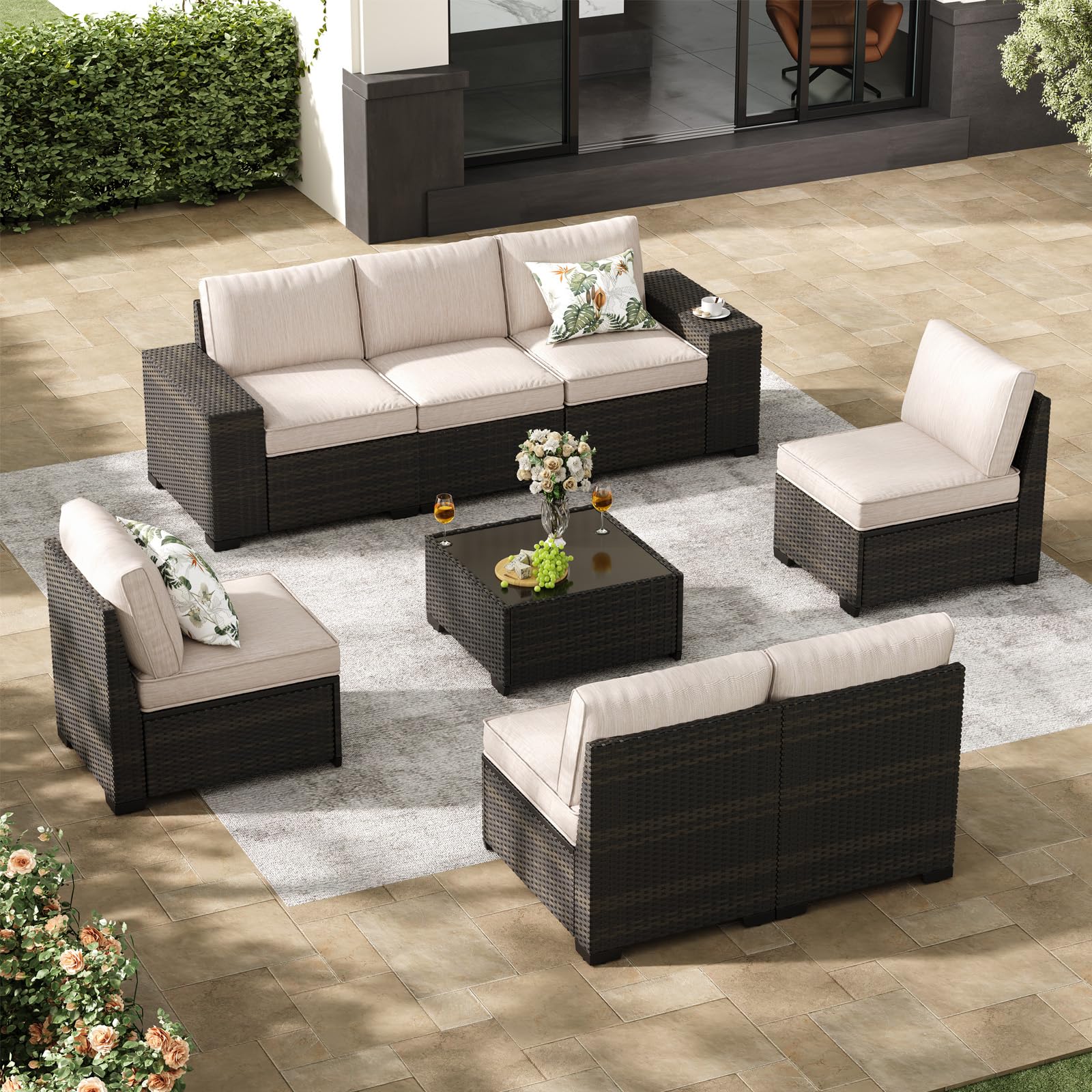 Jing's Villa 6-Piece Patio Furniture Set, All-Weather Outdoor Wicker Sectional Sofa with Cushions, Glass Table & Left and Right Armrest, Rattan Conversation Seating for Porch, Garden, Backyard,Beige