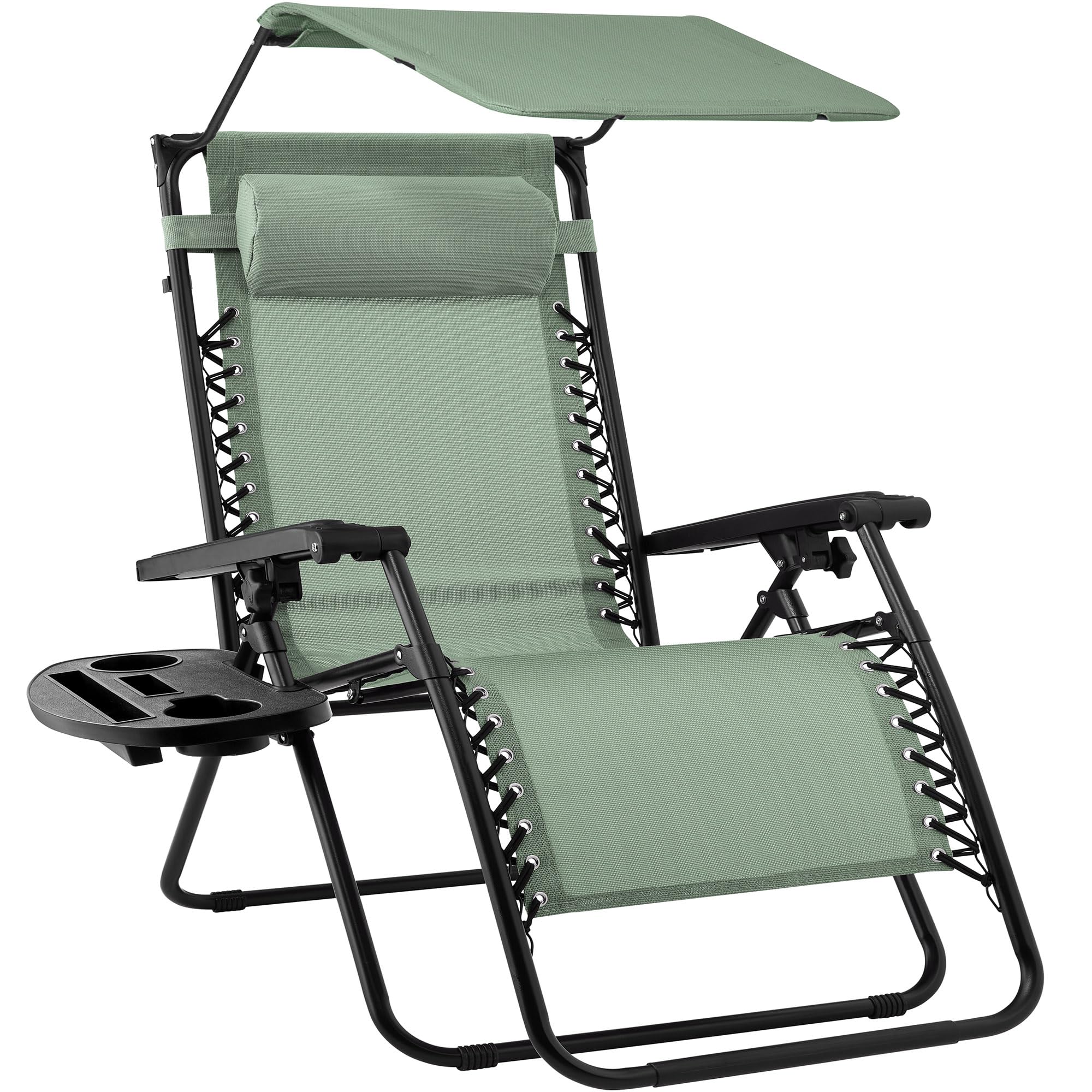 Best Choice Products Folding Zero Gravity Outdoor Recliner Patio Lounge Chair w/Adjustable Canopy Shade, Headrest, Side Accessory Tray, Textilene Mesh - Beige