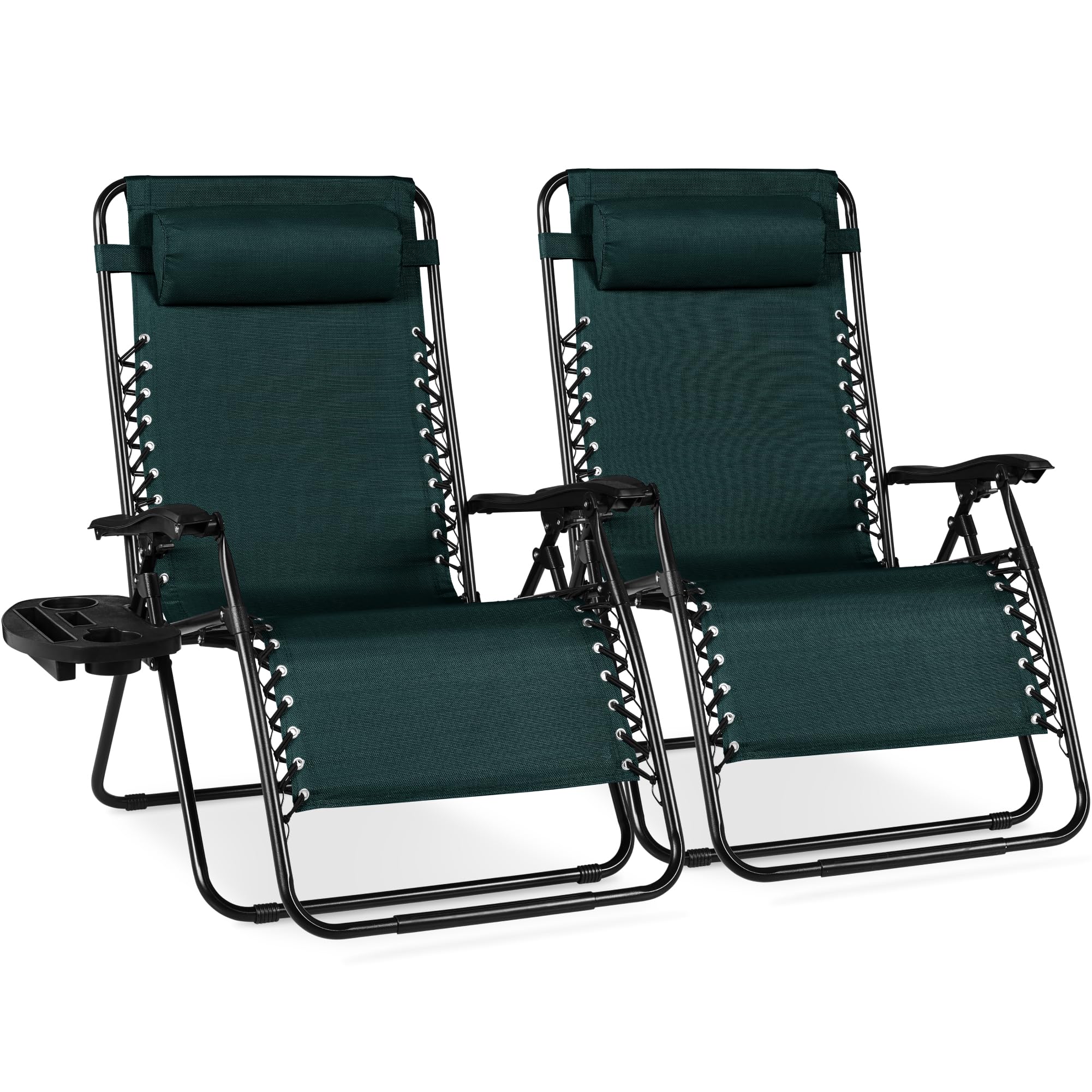 Best Choice Products Set of 2 Adjustable Steel Mesh Zero Gravity Lounge Chair Recliners w/Pillows and Cup Holder Trays - Black