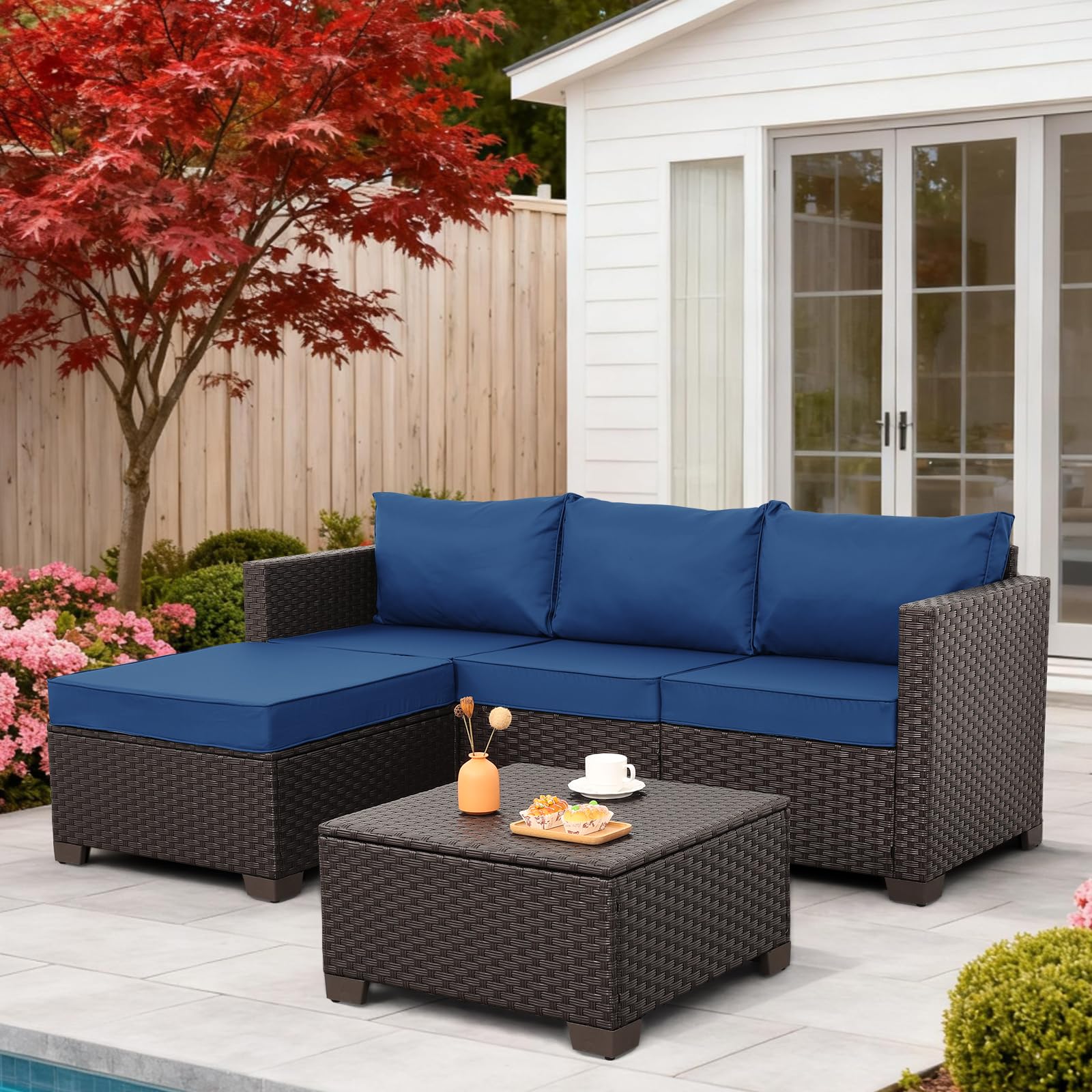 Rattan Star Patio Furniture Set 3 Piece Outdoor Sectional Sofa Set with Wicker Couch, Ottoman, Patio Table with Storage All-Weather Non-Slip Cushions and Waterproof Covers, Khaki