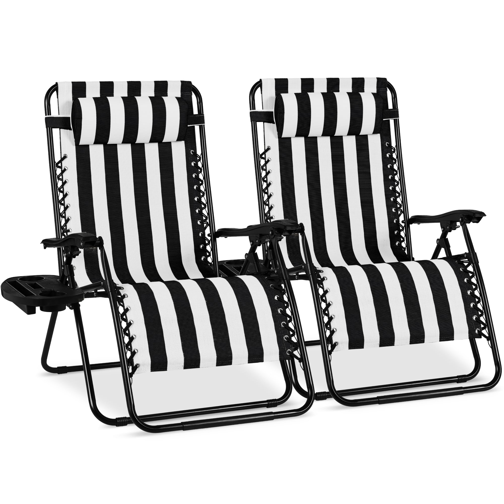 Best Choice Products Set of 2 Adjustable Steel Mesh Zero Gravity Lounge Chair Recliners w/Pillows and Cup Holder Trays - Black