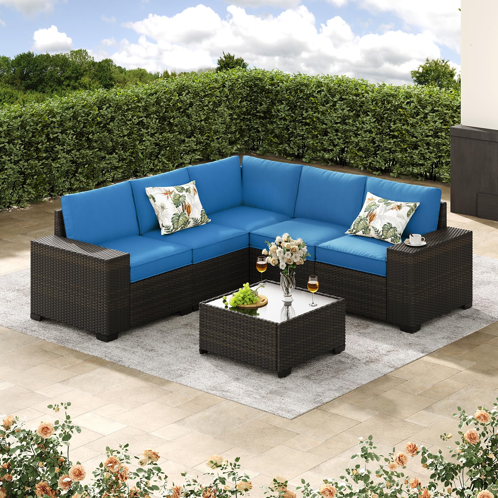 Jing's Villa 6-Piece Patio Furniture Set, All-Weather Outdoor Wicker Sectional Sofa with Cushions, Glass Table & Left and Right Armrest, Rattan Conversation Seating for Porch, Garden, Backyard,Beige
