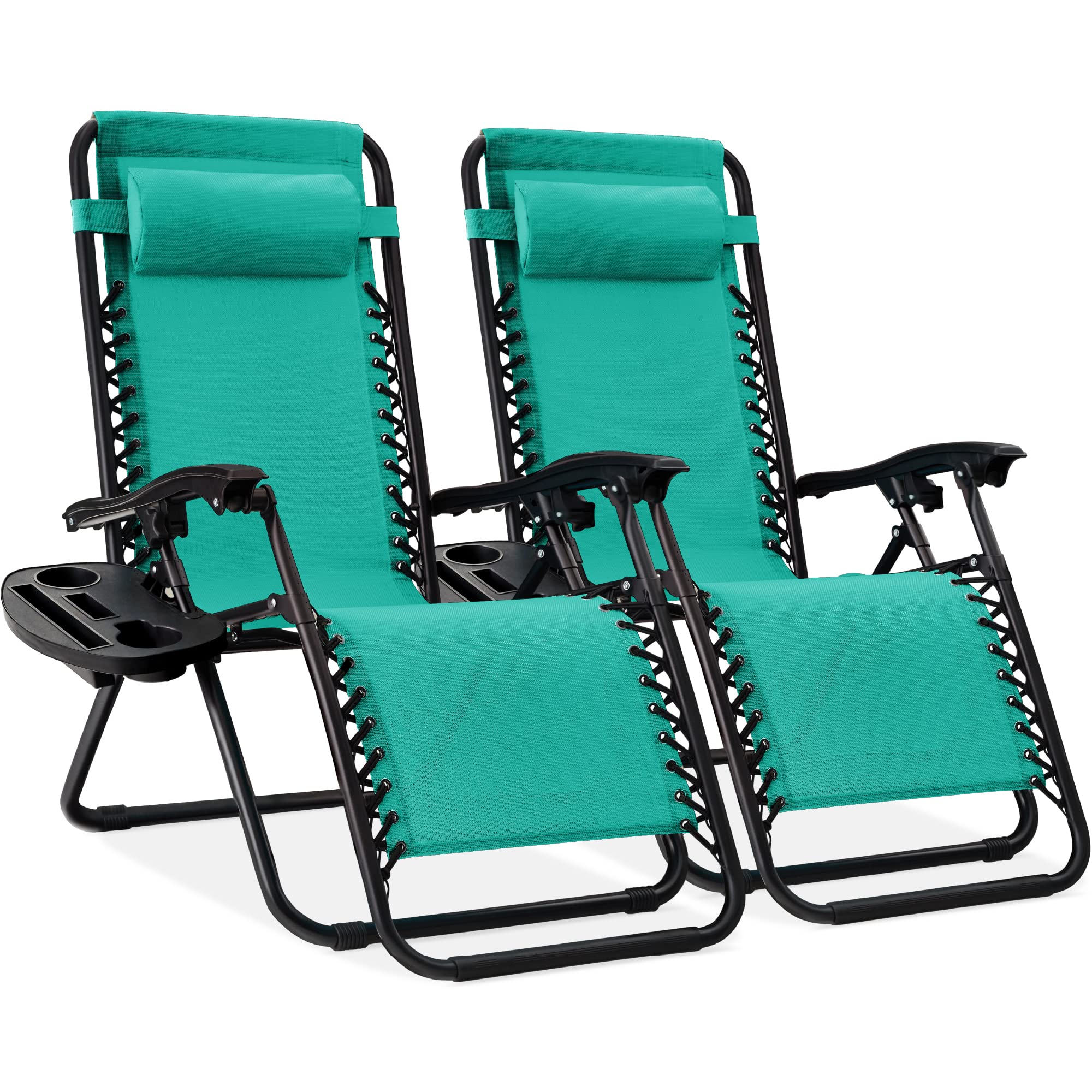 Best Choice Products Set of 2 Adjustable Steel Mesh Zero Gravity Lounge Chair Recliners w/Pillows and Cup Holder Trays - Black