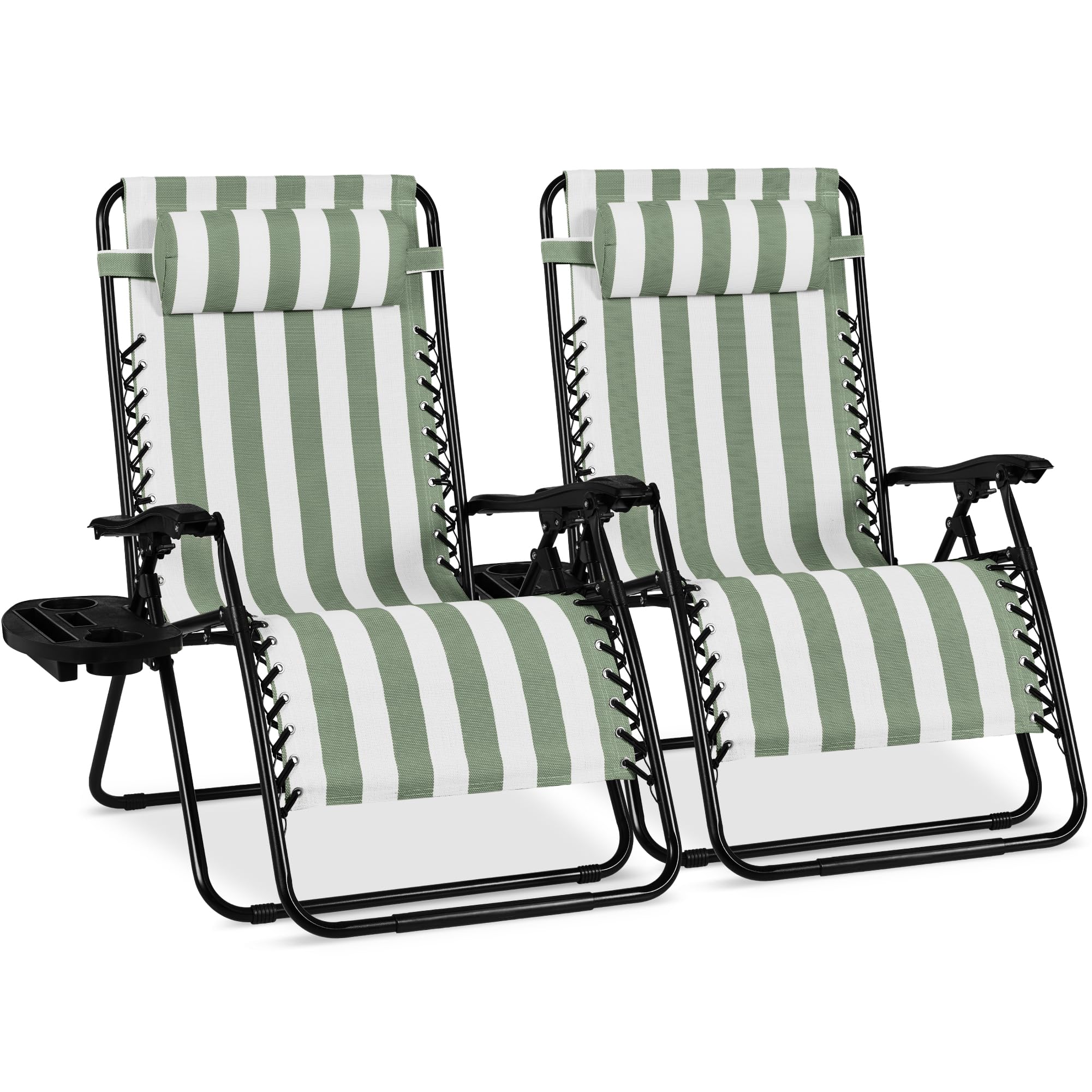 Best Choice Products Set of 2 Adjustable Steel Mesh Zero Gravity Lounge Chair Recliners w/Pillows and Cup Holder Trays - Black