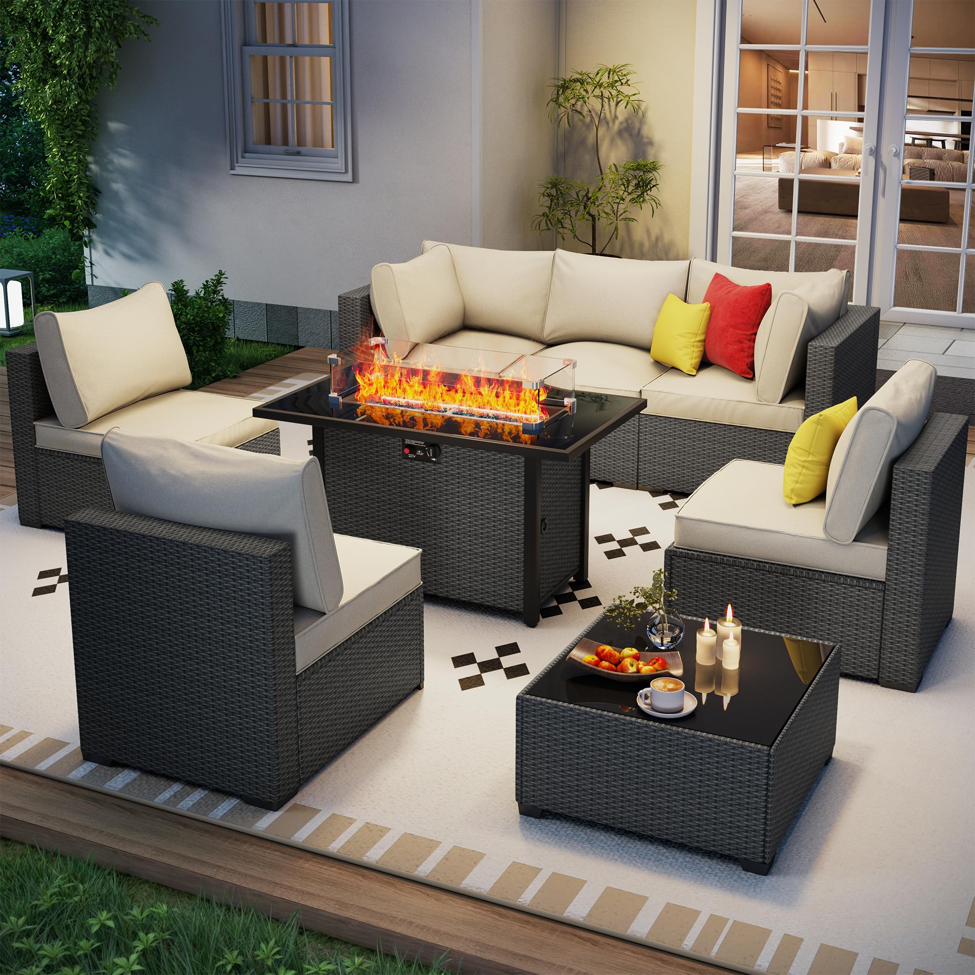 7 Piece Outdoor Patio Furniture Set, Outdoor Sectional Furniture, Rattan & Wicker Modern Modular Conversation Set Sectional Sofa W/Water Resistant Washable Thick Cushions and Coffee Table, Brown/Beige