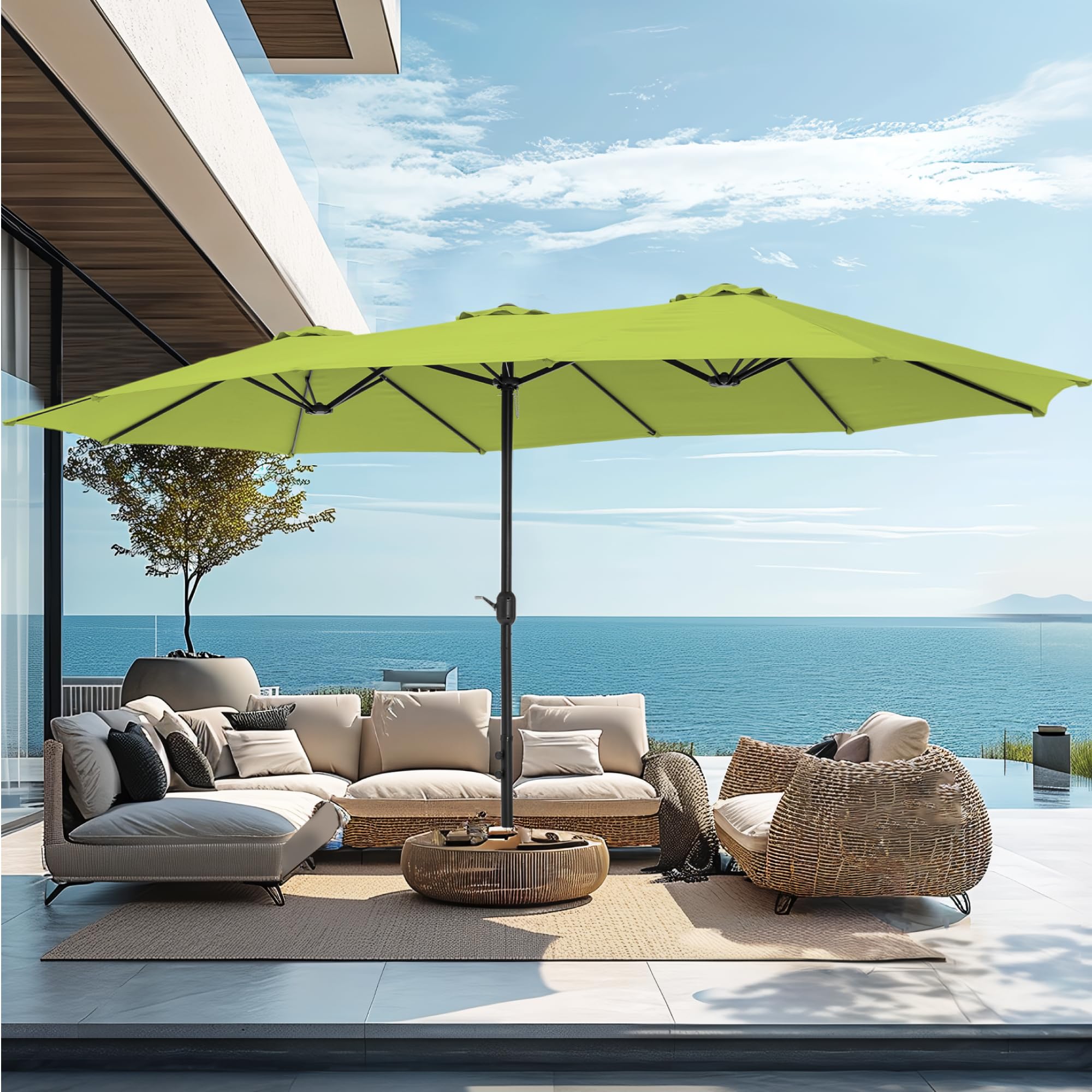 PHI VILLA 15ft Large Patio Umbrellas with Base Included, Outdoor Double-Sided Rectangle Big Market Umbrella with Stand, Outside Umbrellas for Poolside Lawn Backyard, Beige