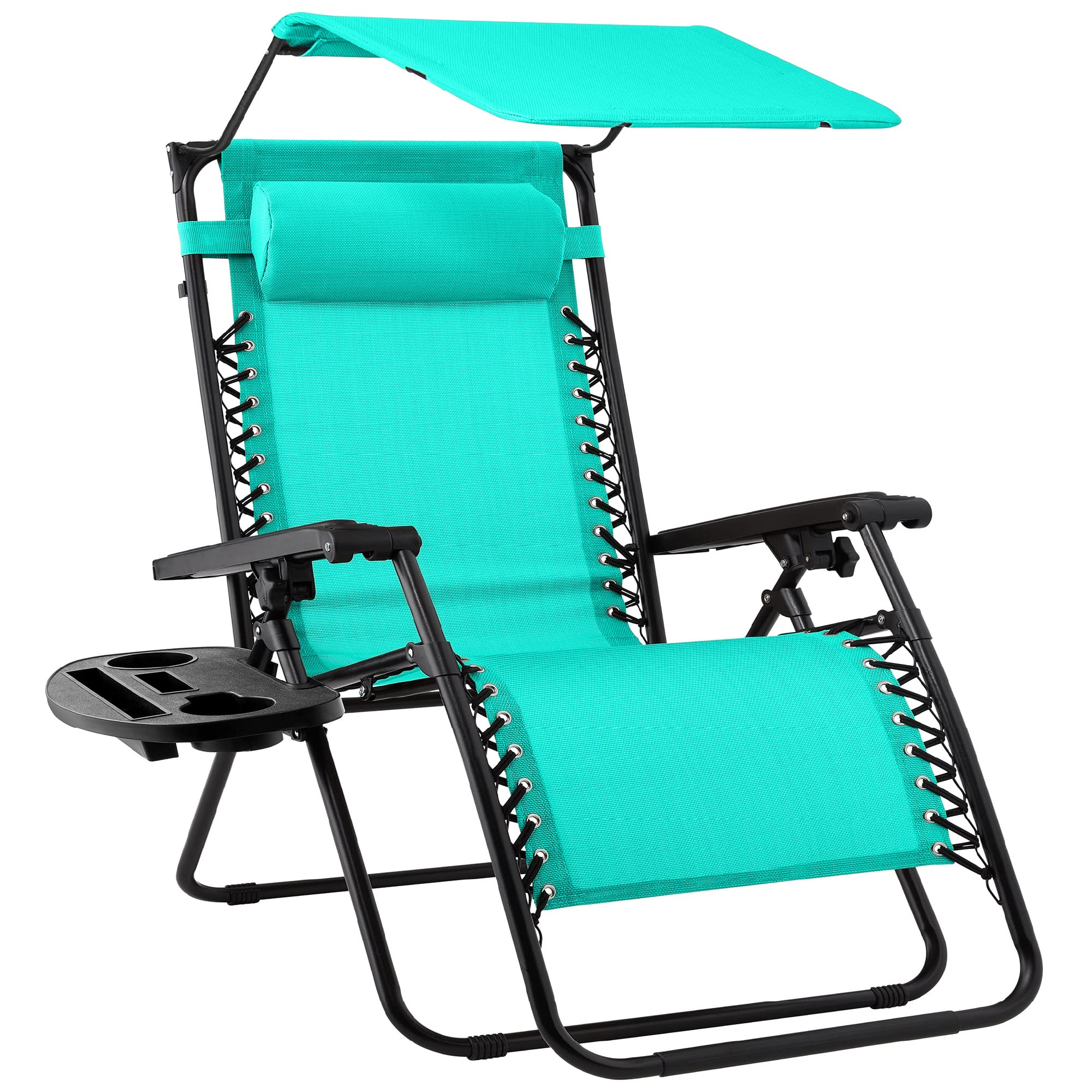 Best Choice Products Folding Zero Gravity Outdoor Recliner Patio Lounge Chair w/Adjustable Canopy Shade, Headrest, Side Accessory Tray, Textilene Mesh - Beige