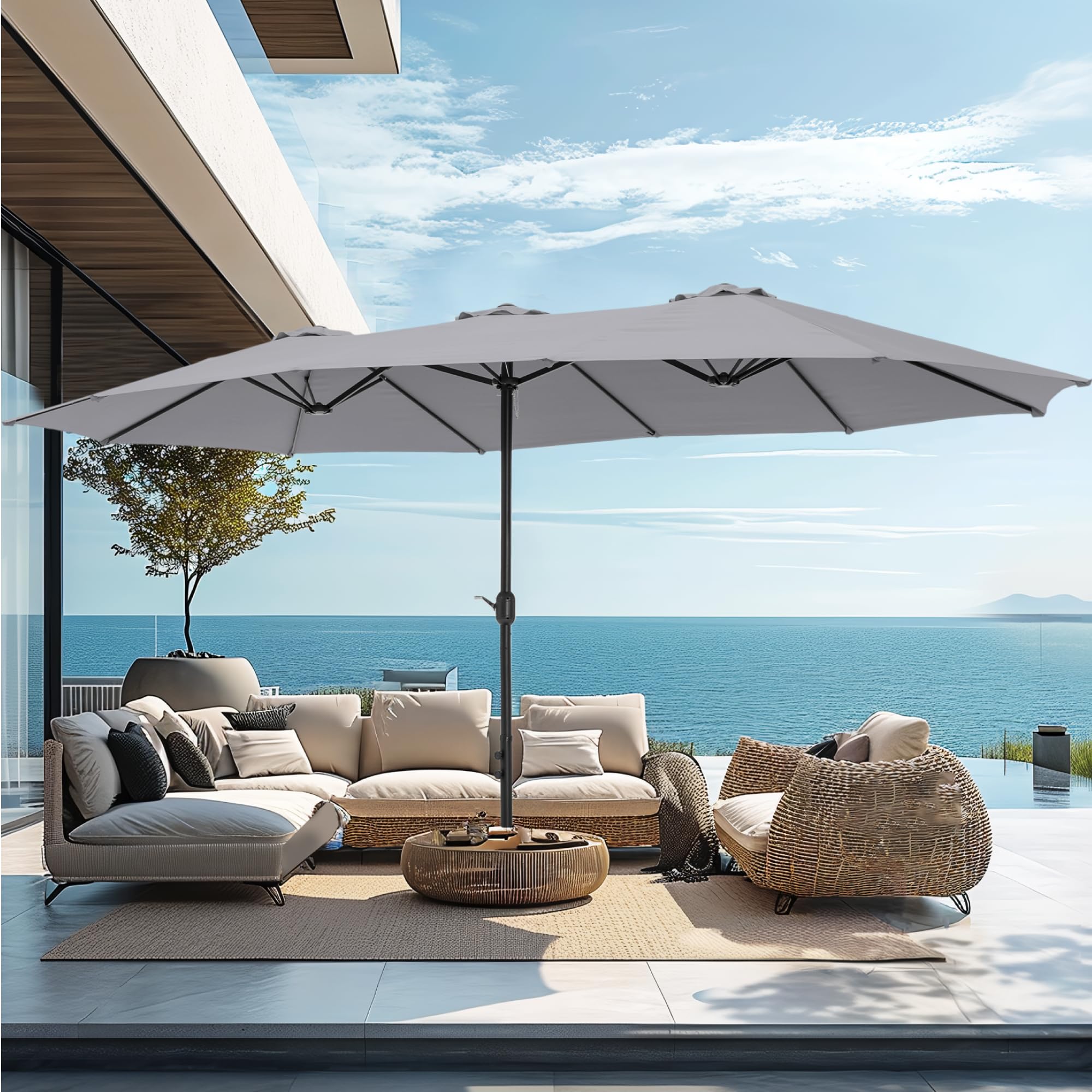 PHI VILLA 15ft Large Patio Umbrellas with Base Included, Outdoor Double-Sided Rectangle Big Market Umbrella with Stand, Outside Umbrellas for Poolside Lawn Backyard, Beige