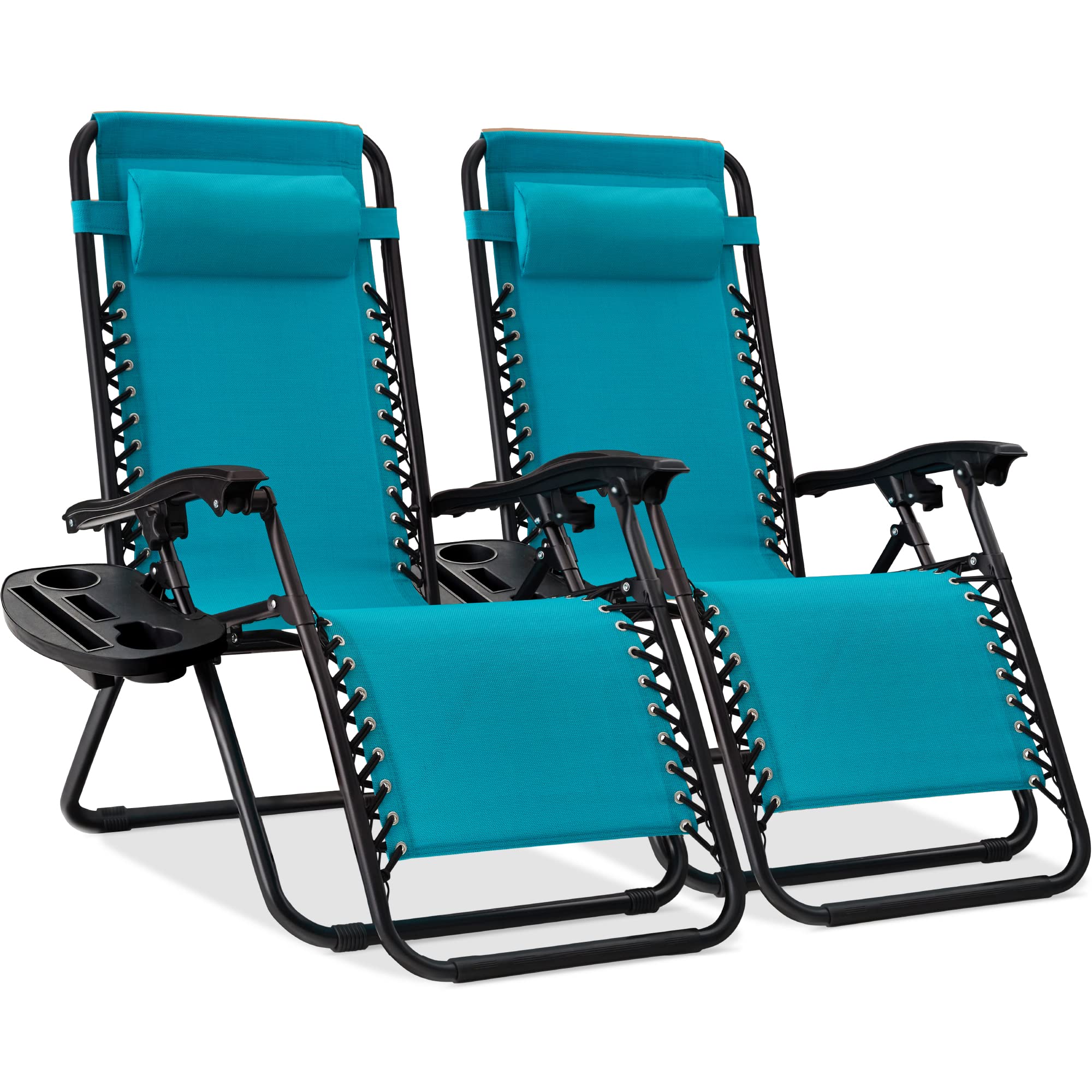 Best Choice Products Set of 2 Adjustable Steel Mesh Zero Gravity Lounge Chair Recliners w/Pillows and Cup Holder Trays - Black