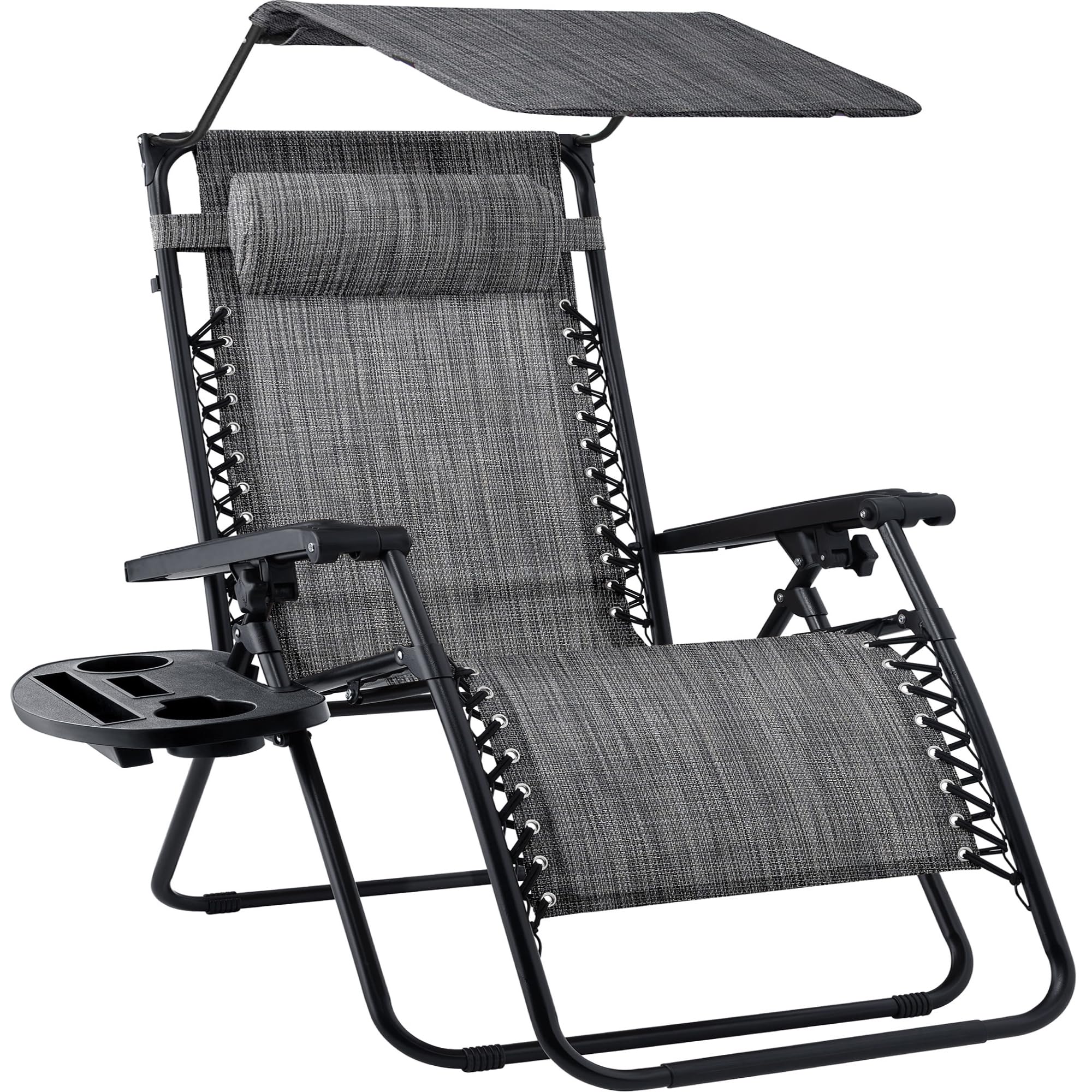 Best Choice Products Folding Zero Gravity Outdoor Recliner Patio Lounge Chair w/Adjustable Canopy Shade, Headrest, Side Accessory Tray, Textilene Mesh - Beige