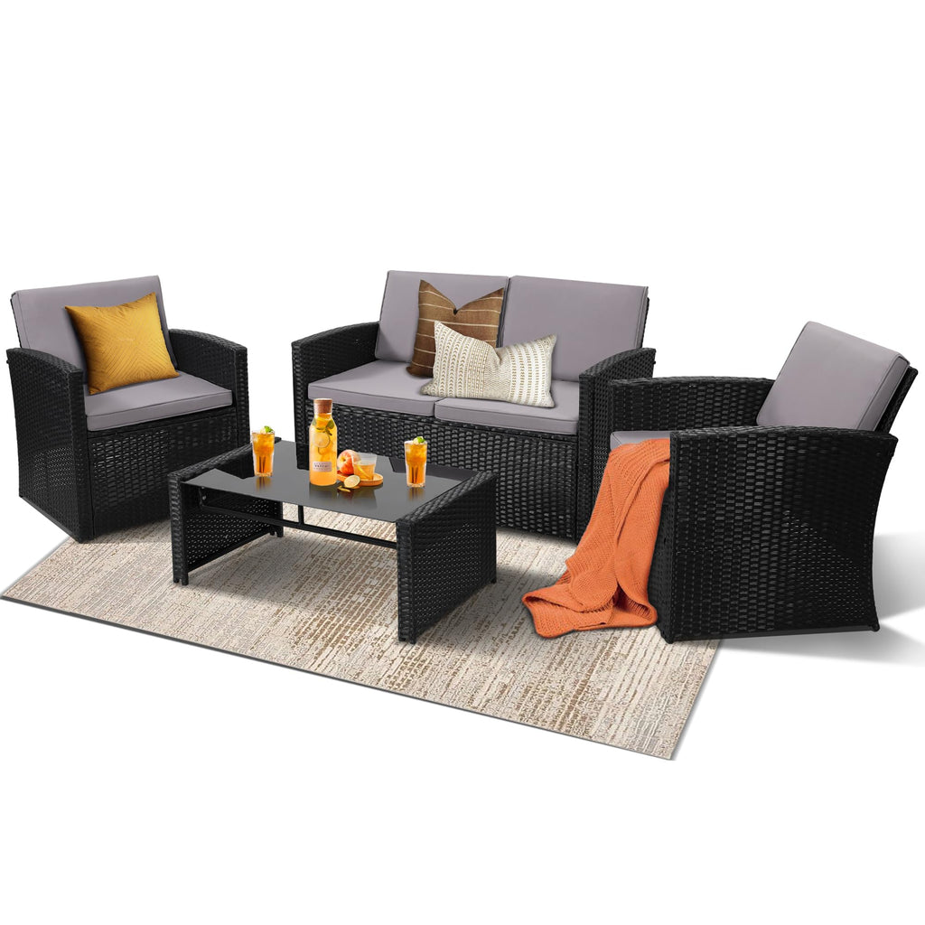 KROFEM 4-Piece Patio Furniture Set, Wicker Outdoor Rattan Sectional Sofa with Cushions and Glass Table, All-Weather Outdoor Conversation Set, Ideal for Garden, Porch, Backyard, Black