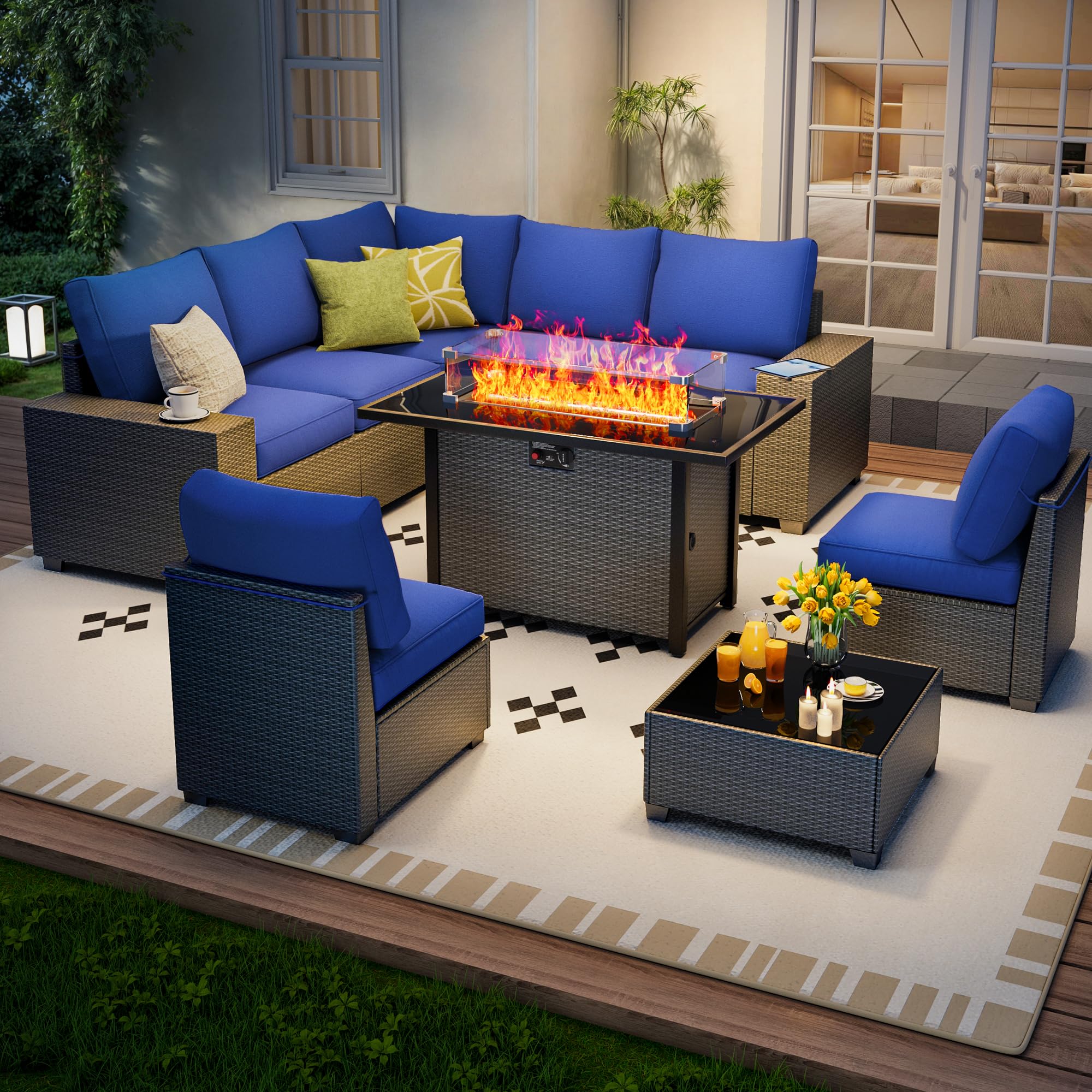 7 Piece Outdoor Patio Furniture Set, Outdoor Sectional Furniture, Rattan & Wicker Modern Modular Conversation Set Sectional Sofa W/Water Resistant Washable Thick Cushions and Coffee Table, Brown/Beige