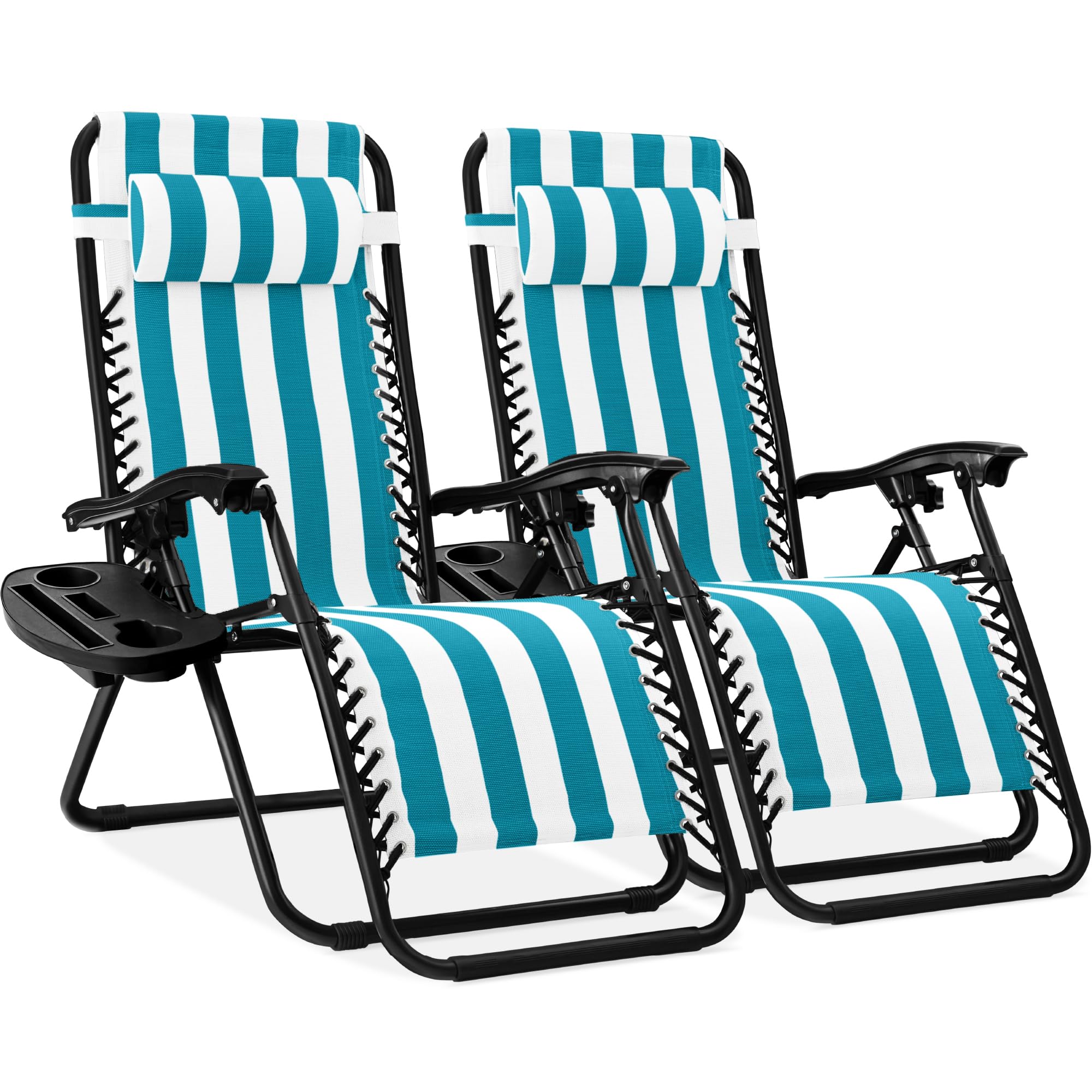 Best Choice Products Set of 2 Adjustable Steel Mesh Zero Gravity Lounge Chair Recliners w/Pillows and Cup Holder Trays - Black