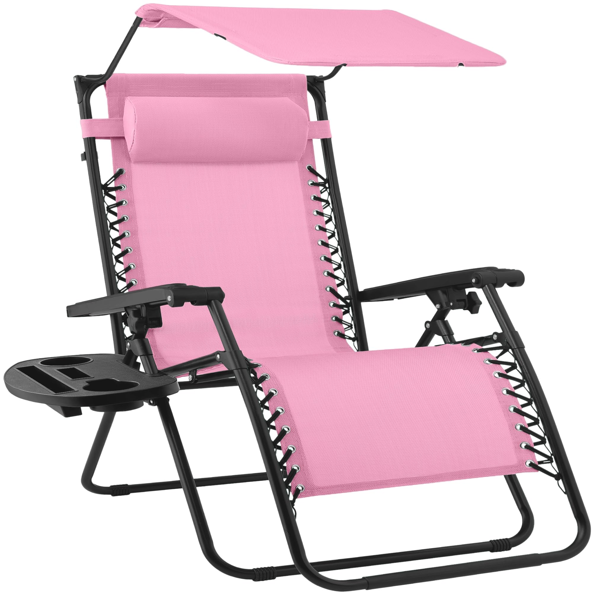 Best Choice Products Folding Zero Gravity Outdoor Recliner Patio Lounge Chair w/Adjustable Canopy Shade, Headrest, Side Accessory Tray, Textilene Mesh - Beige
