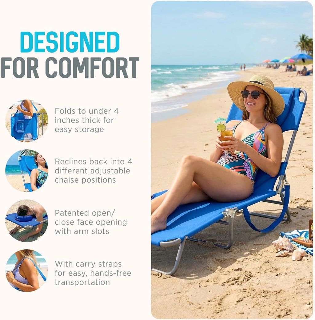 Ostrich the Original Chaise 72 x 22 Inch Lounge Portable Reclining Lounger, Outdoor Patio, Beach, Lawn, Camping, or Pool Tanning Chair, Ocean Blue