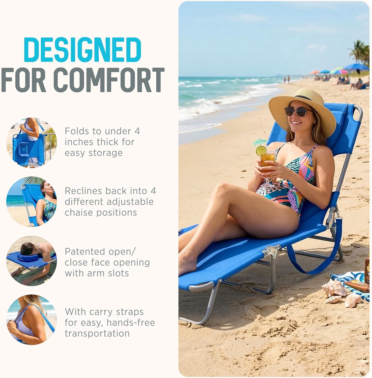 Ostrich the Original Chaise 72 x 22 Inch Lounge Portable Reclining Lounger, Outdoor Patio, Beach, Lawn, Camping, or Pool Tanning Chair, Ocean Blue