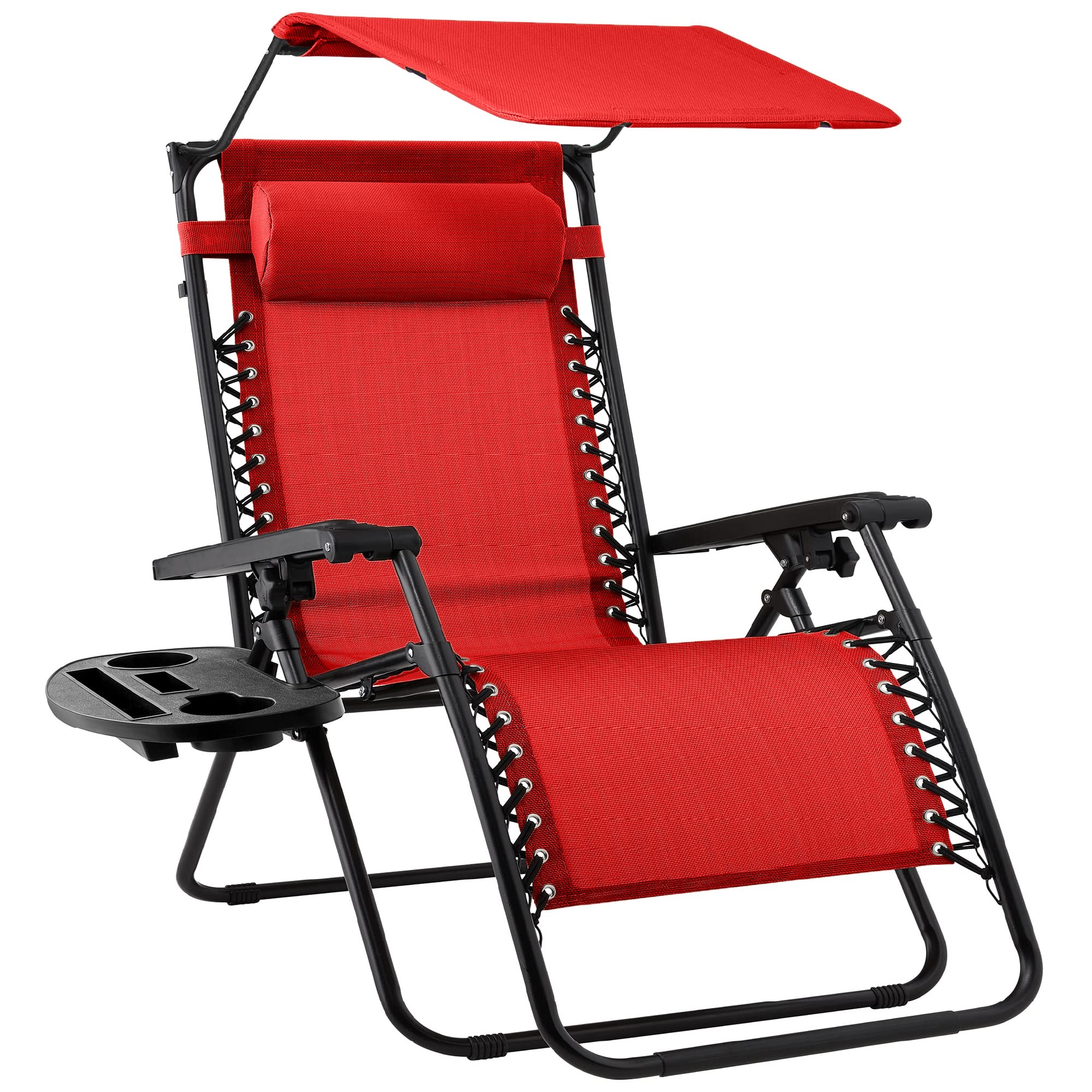 Best Choice Products Folding Zero Gravity Outdoor Recliner Patio Lounge Chair w/Adjustable Canopy Shade, Headrest, Side Accessory Tray, Textilene Mesh - Beige