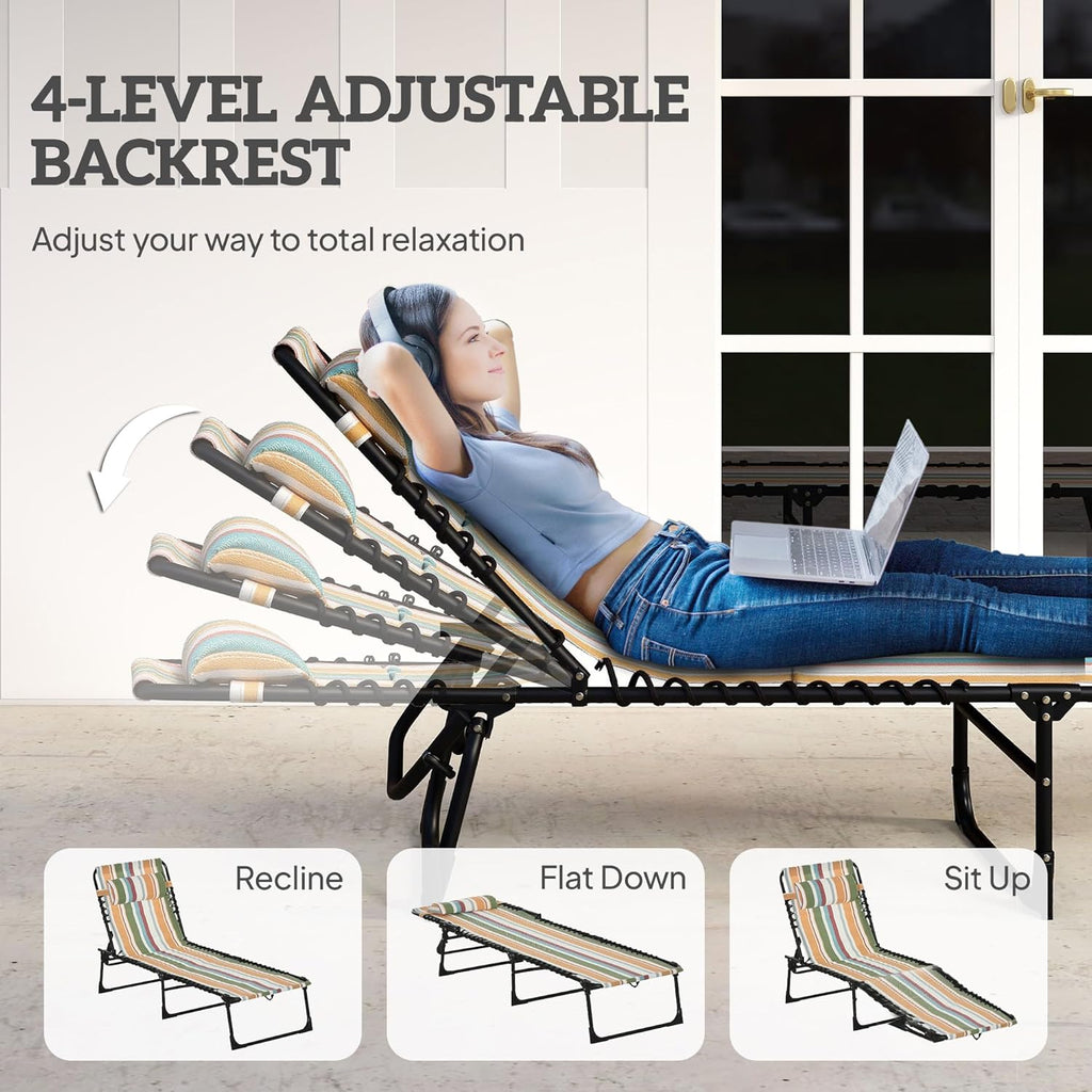 Outsunny Folding Chaise Lounge Chair, Patio Sun Tanning Chair, Outdoor Chaise Lounger with 4-Position Reclining Back, Breathable Mesh Seat for Beach, Poolside, Yard, Rainbow Striped