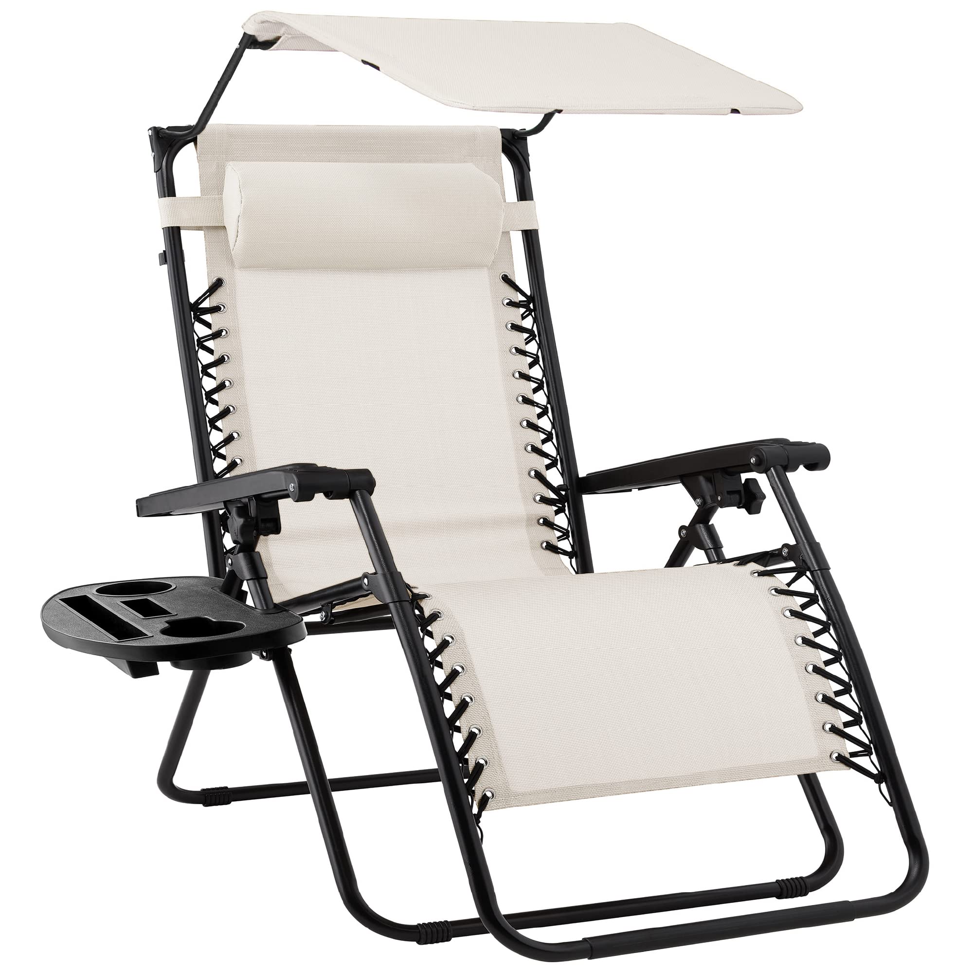 Best Choice Products Folding Zero Gravity Outdoor Recliner Patio Lounge Chair w/Adjustable Canopy Shade, Headrest, Side Accessory Tray, Textilene Mesh - Beige