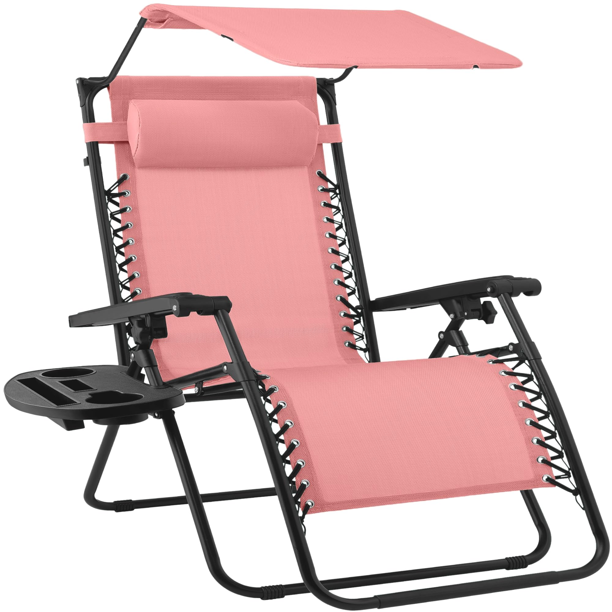 Best Choice Products Folding Zero Gravity Outdoor Recliner Patio Lounge Chair w/Adjustable Canopy Shade, Headrest, Side Accessory Tray, Textilene Mesh - Beige
