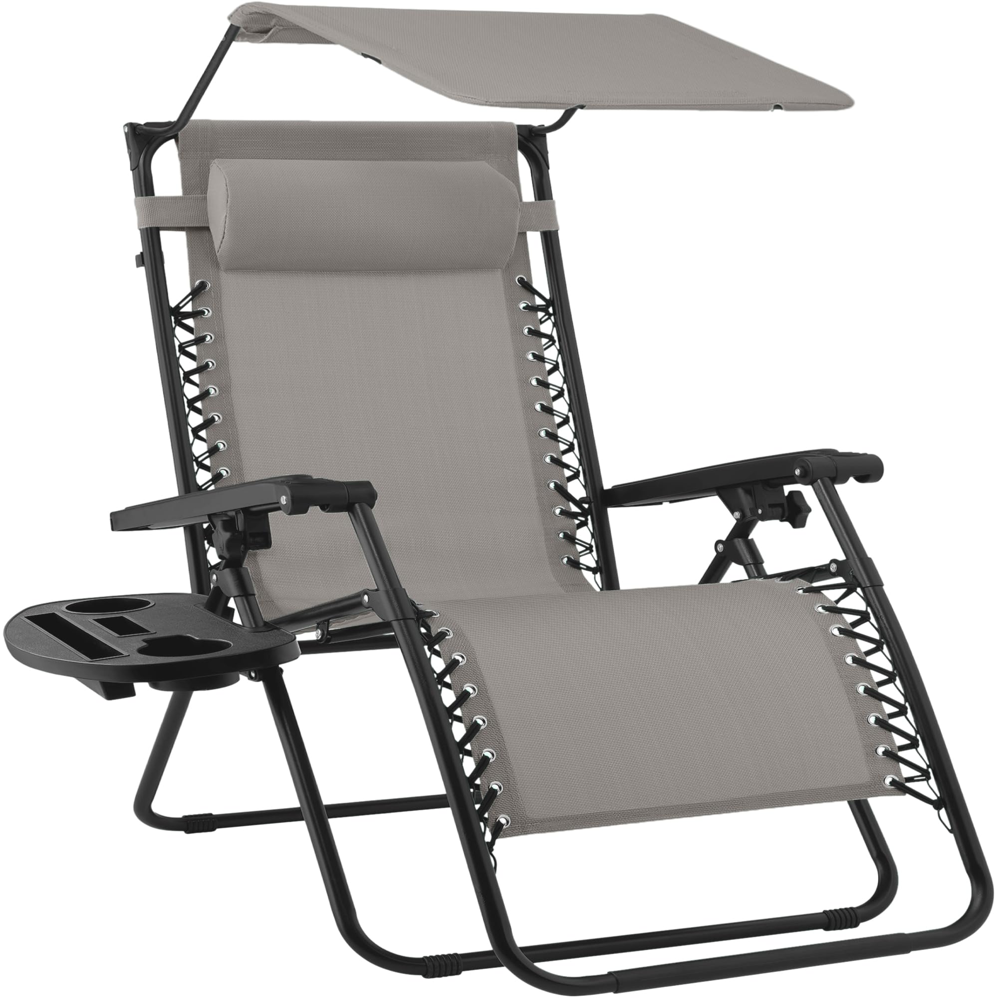 Best Choice Products Folding Zero Gravity Outdoor Recliner Patio Lounge Chair w/Adjustable Canopy Shade, Headrest, Side Accessory Tray, Textilene Mesh - Beige