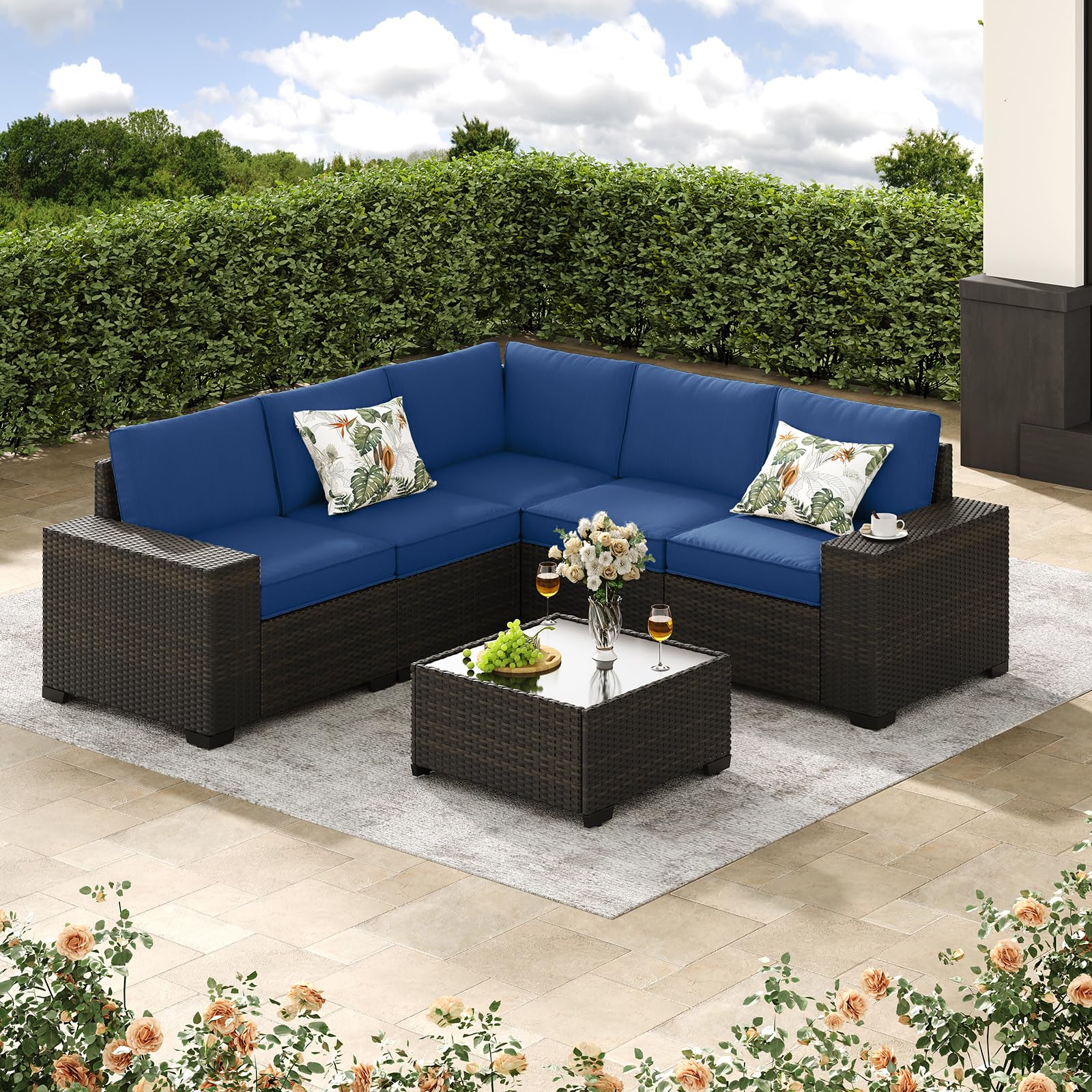 Jing's Villa 6-Piece Patio Furniture Set, All-Weather Outdoor Wicker Sectional Sofa with Cushions, Glass Table & Left and Right Armrest, Rattan Conversation Seating for Porch, Garden, Backyard,Beige